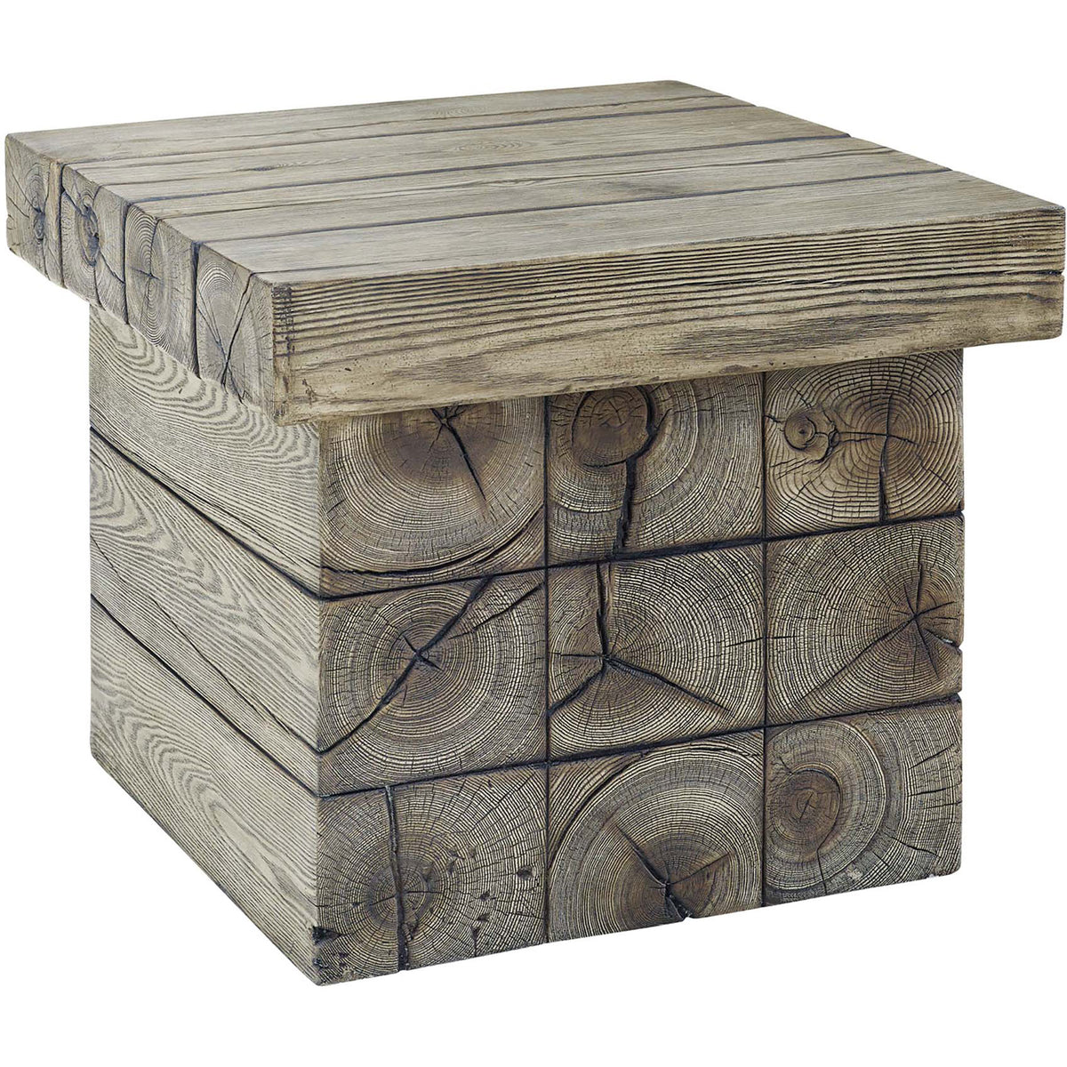 Rustic coastal side table with simulated driftwood planks and block-style base. || EEI-3562-LGR || front_angle_studio