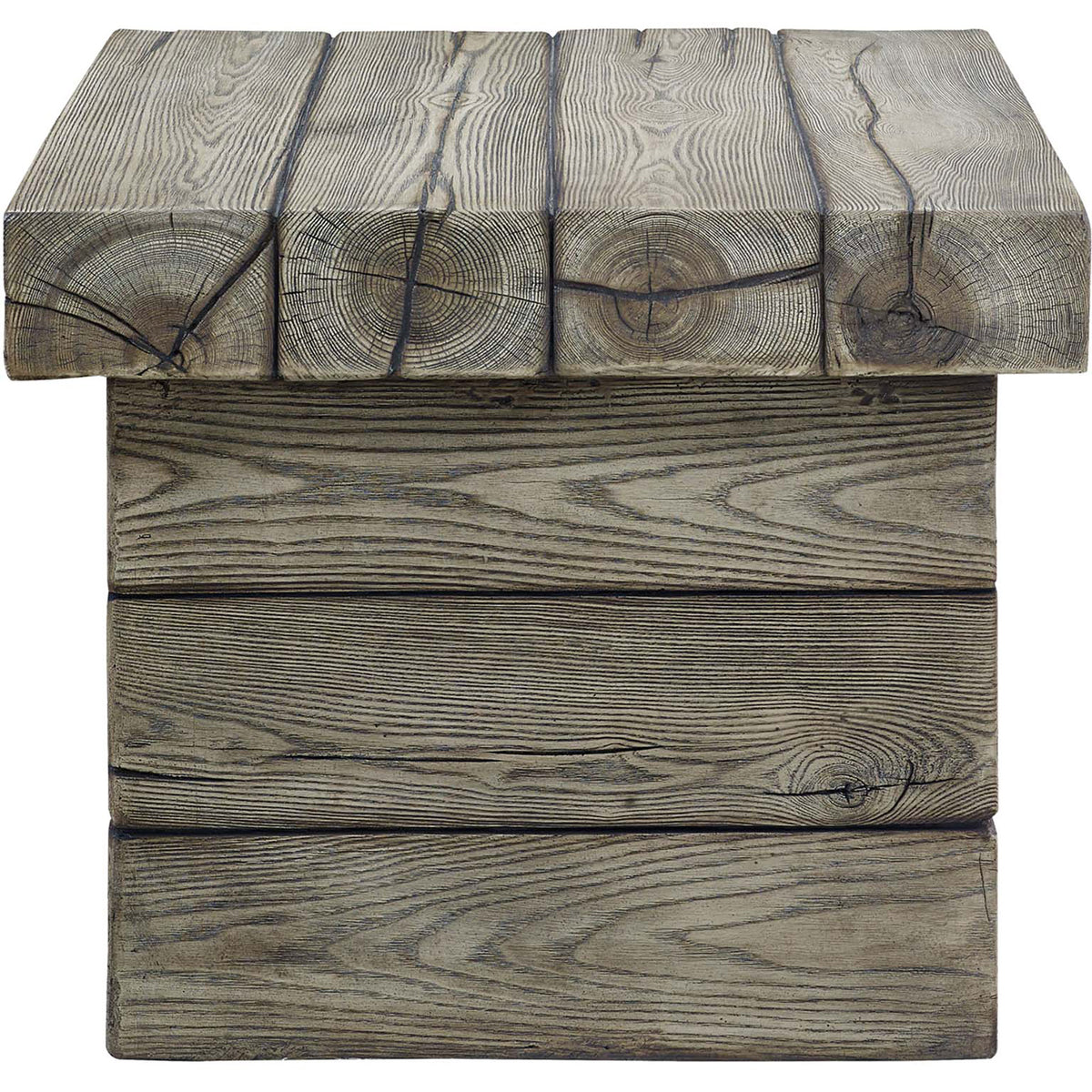 Square outdoor side table styled like stacked timber with weathered gray finish. || EEI-3562-LGR || side_studio
