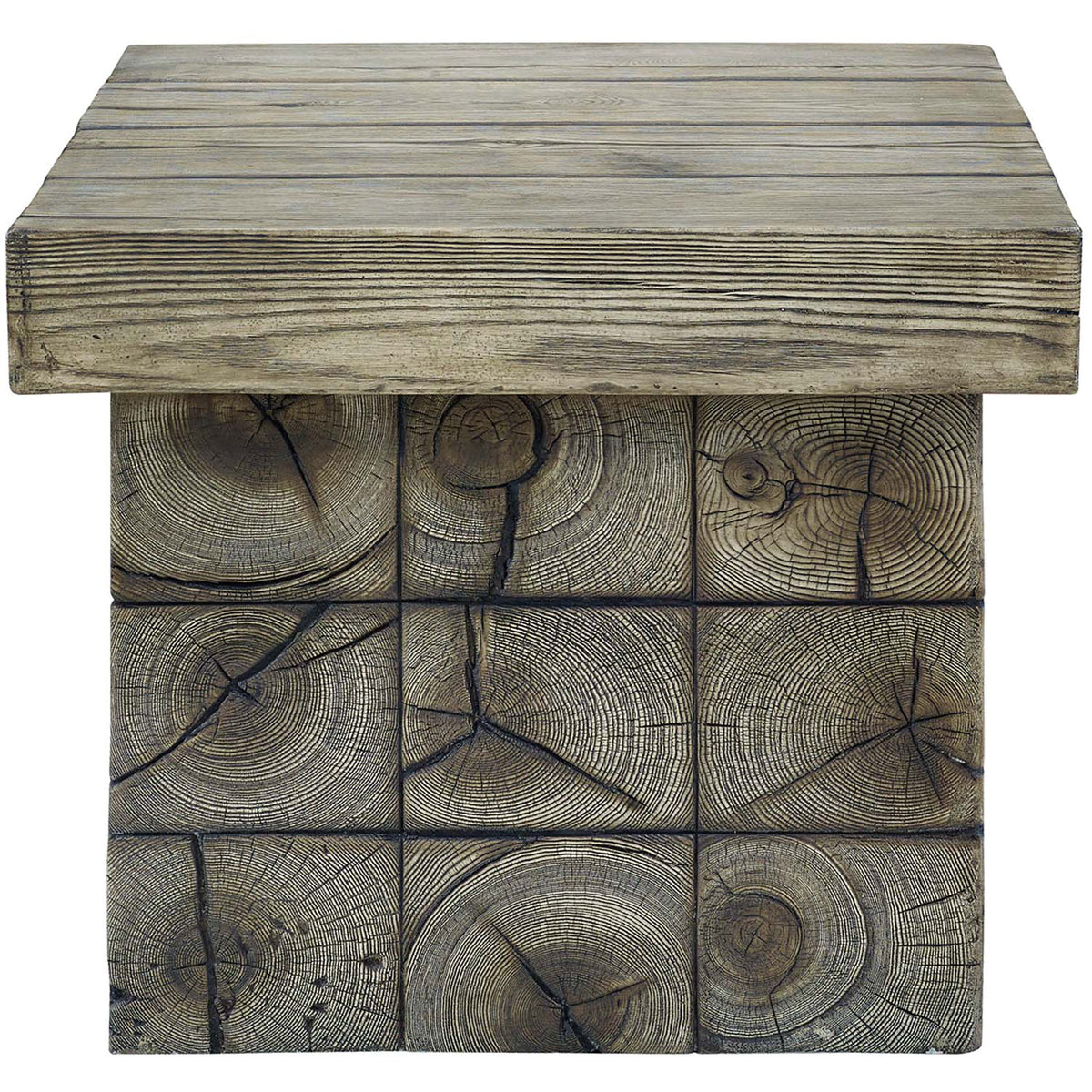 Block base showcases realistic end-grain log detail for a rugged rustic look. || EEI-3562-LGR || front_studio