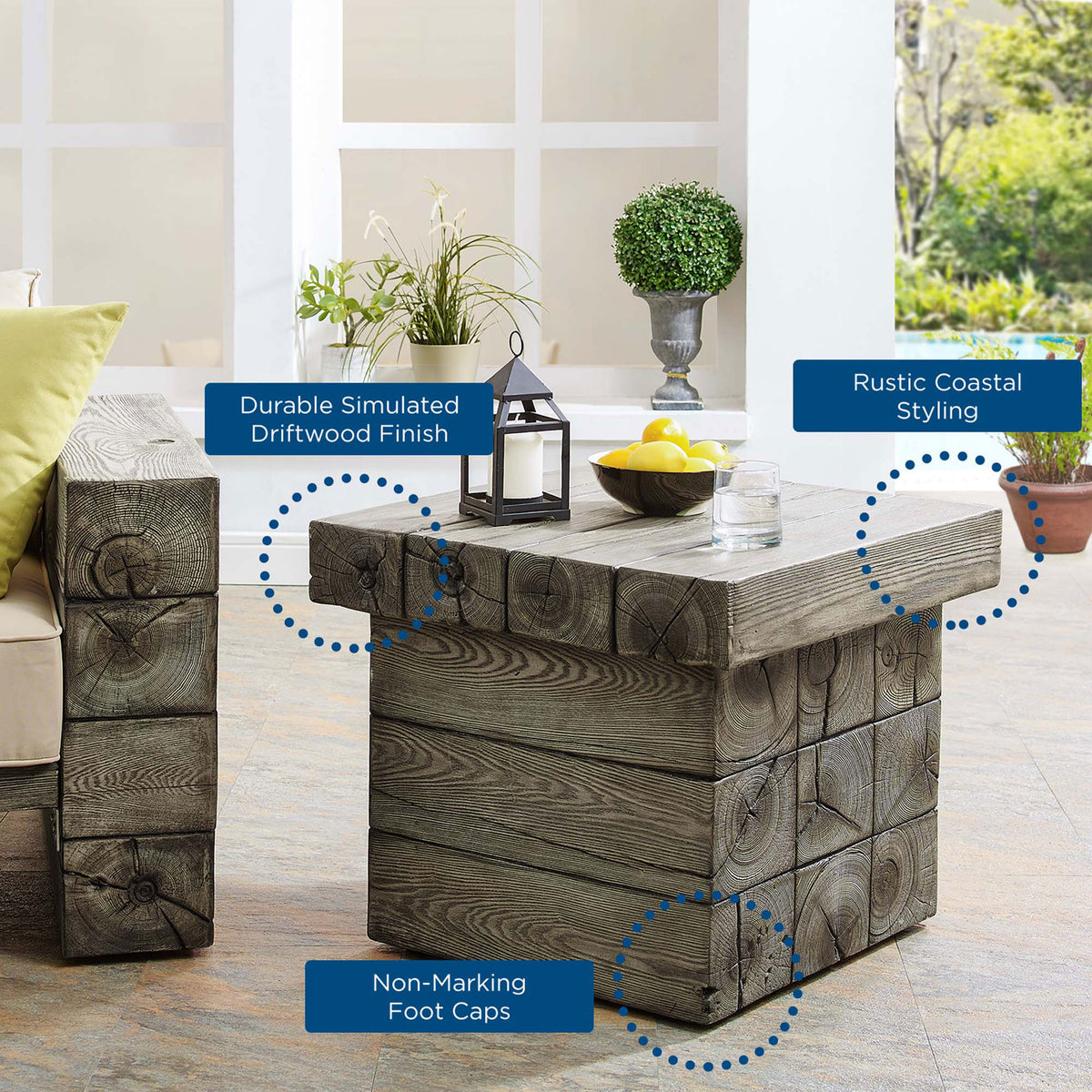 Outdoor patio setting featuring the rustic Manteo side table with styled decor accents. || EEI-3562-LGR || callout_room