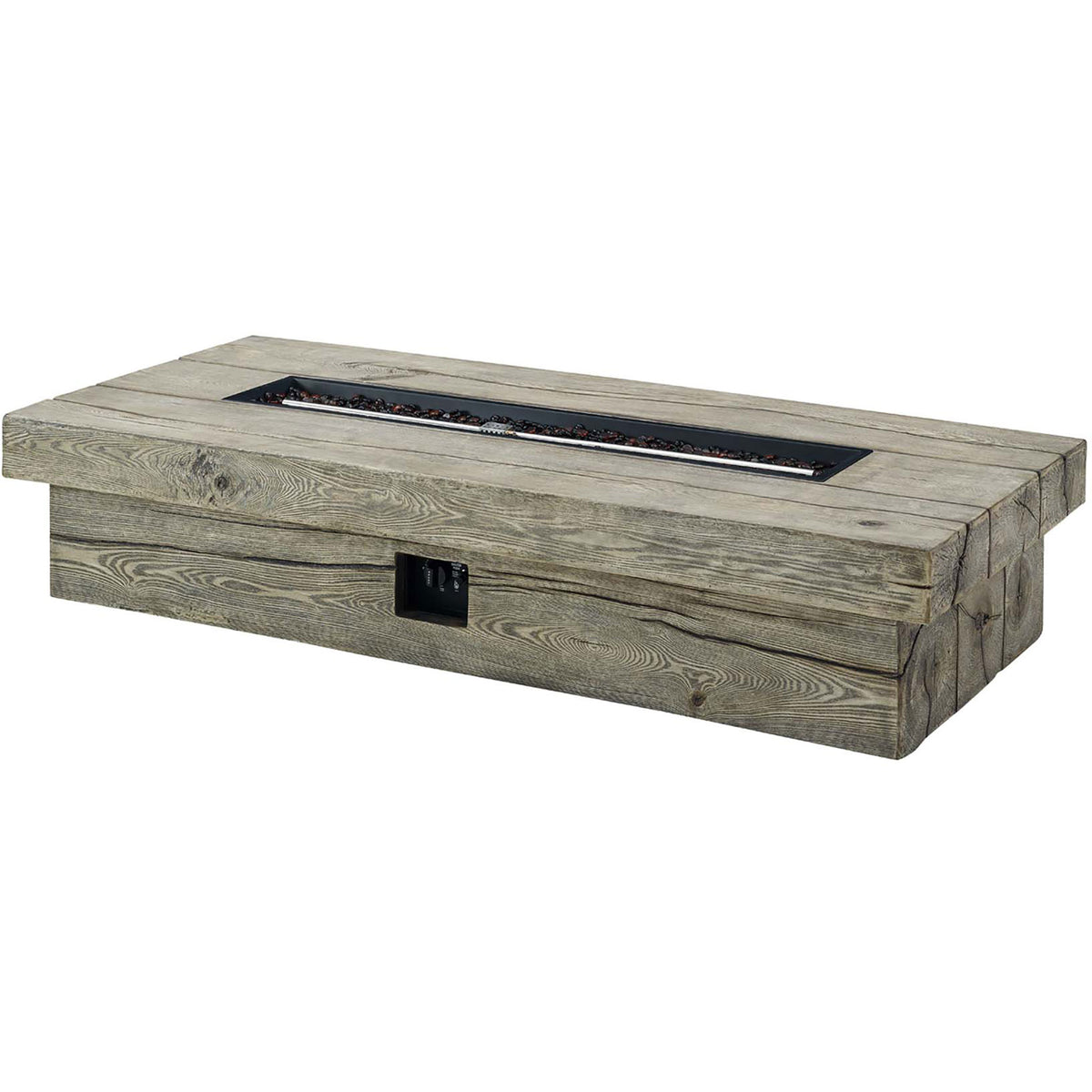Low-profile rectangular propane fire table with simulated driftwood planks and recessed burner channel || EEI-3563-LGR || front_angle_studio