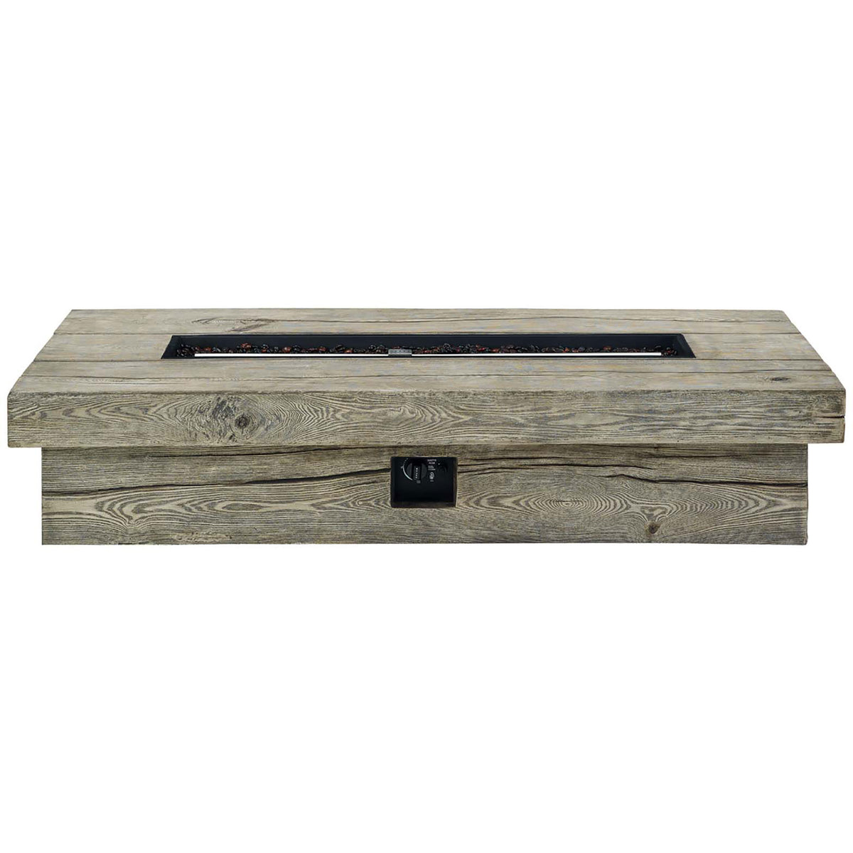 Rustic light gray fire pit table with long rectangular burner filled with dark glass beads || EEI-3563-LGR || front_studio