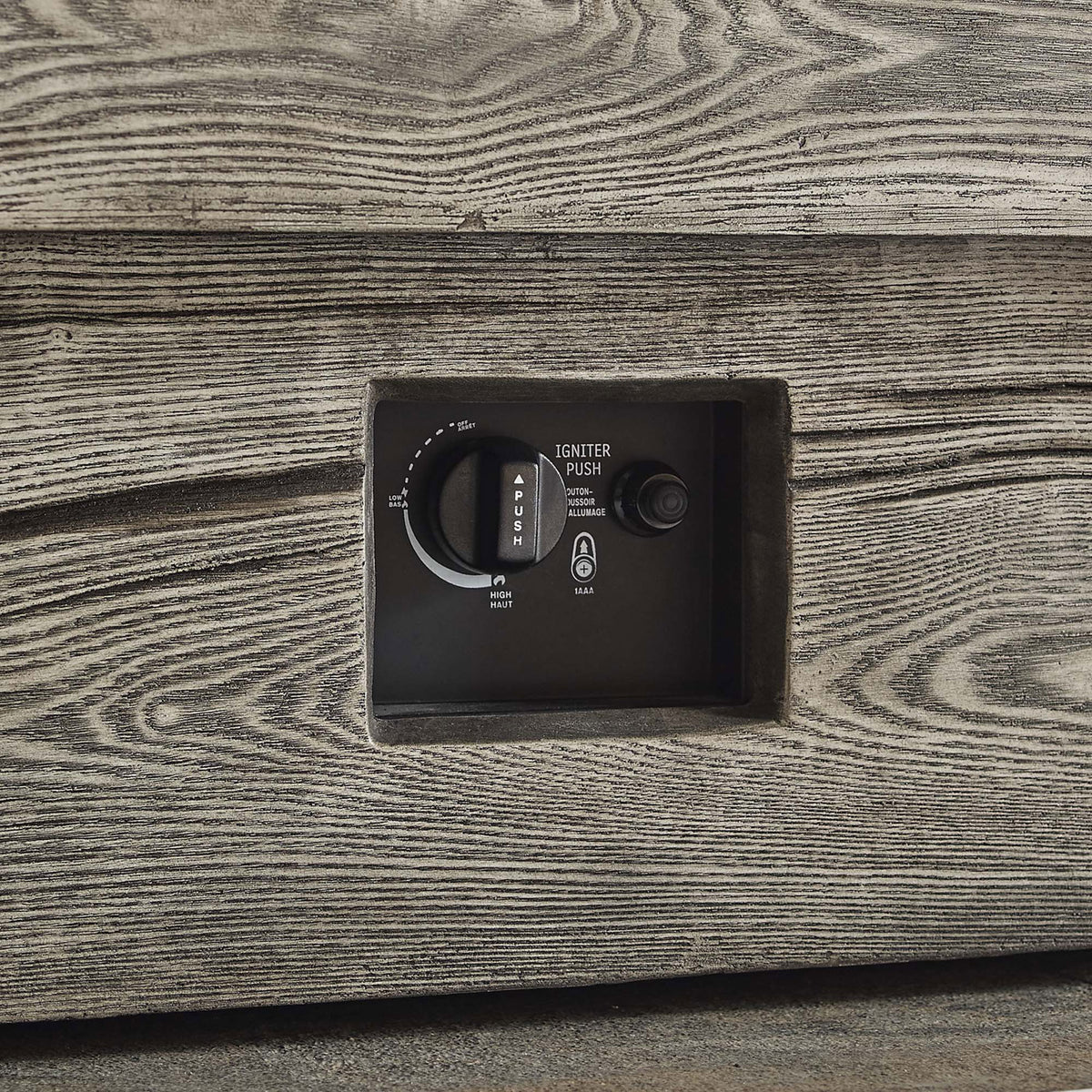 Recessed control panel with ignition button and adjustable flame knob on the fire pit base || EEI-3563-LGR || detail_studio