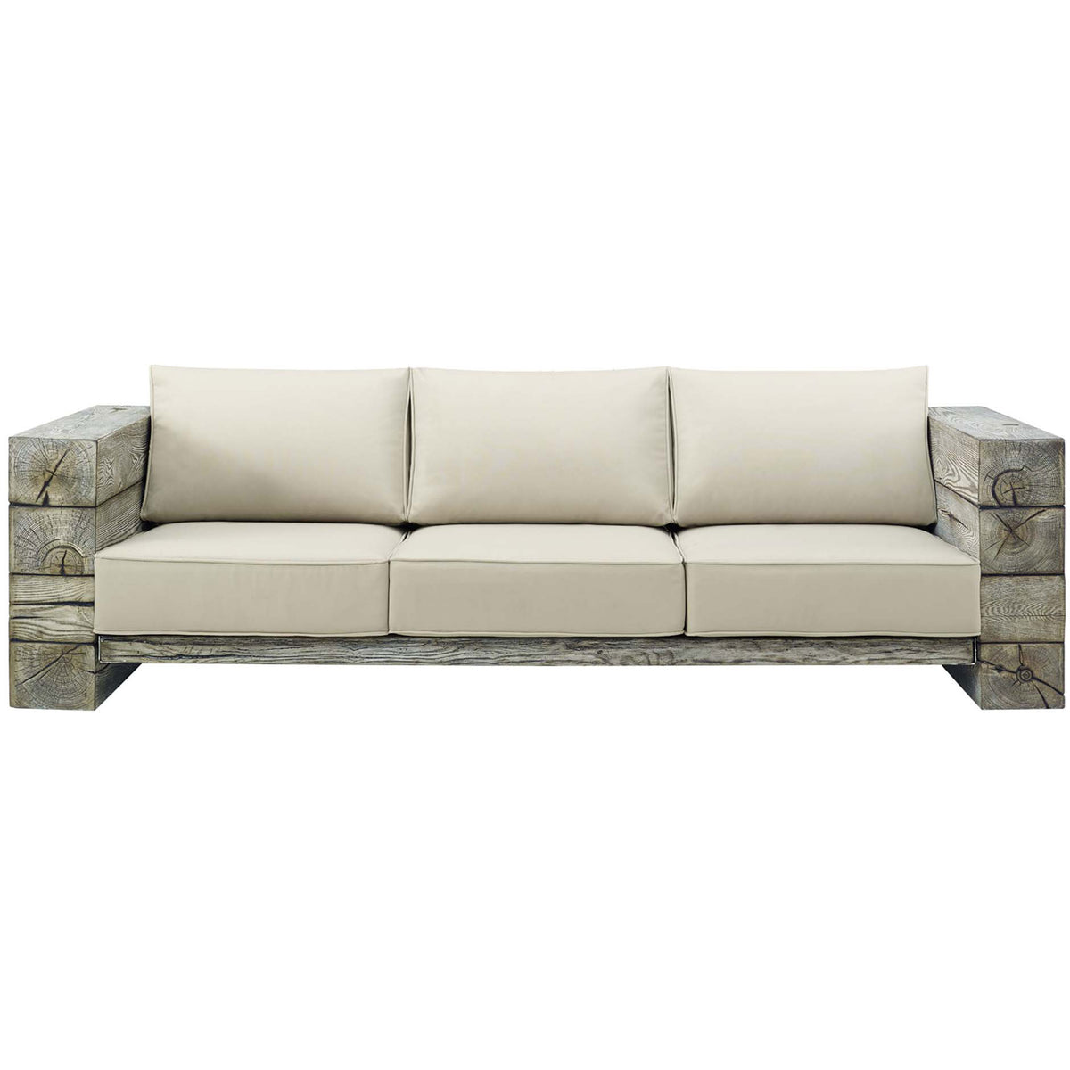 Rustic coastal outdoor sofa with wide driftwood-look frame and three beige seat and back cushions || EEI-3565-LGR-BEI || front_studio
