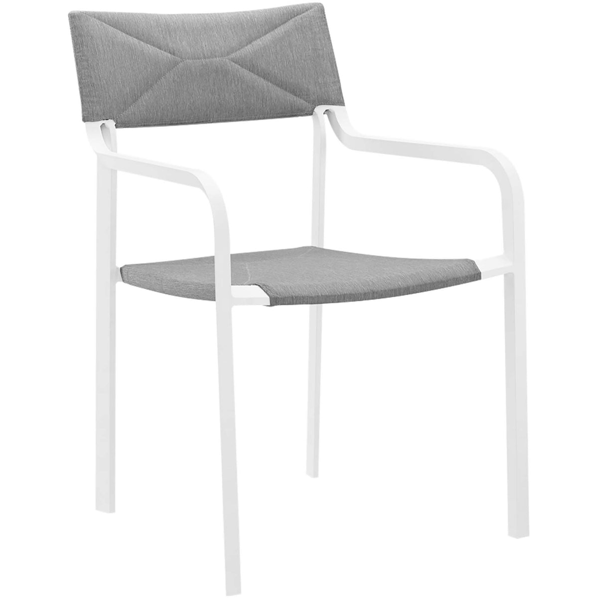 Sleek stackable outdoor dining chair with slim white frame and gray weather-resistant cushions || EEI-3573-WHI-GRY || front_angle_studio