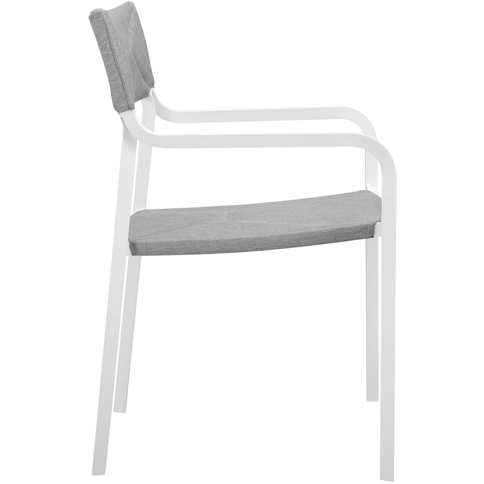 Raleigh patio armchair with curved arms, slim legs, and a taut gray sling seat || EEI-3573-WHI-GRY || side_studio