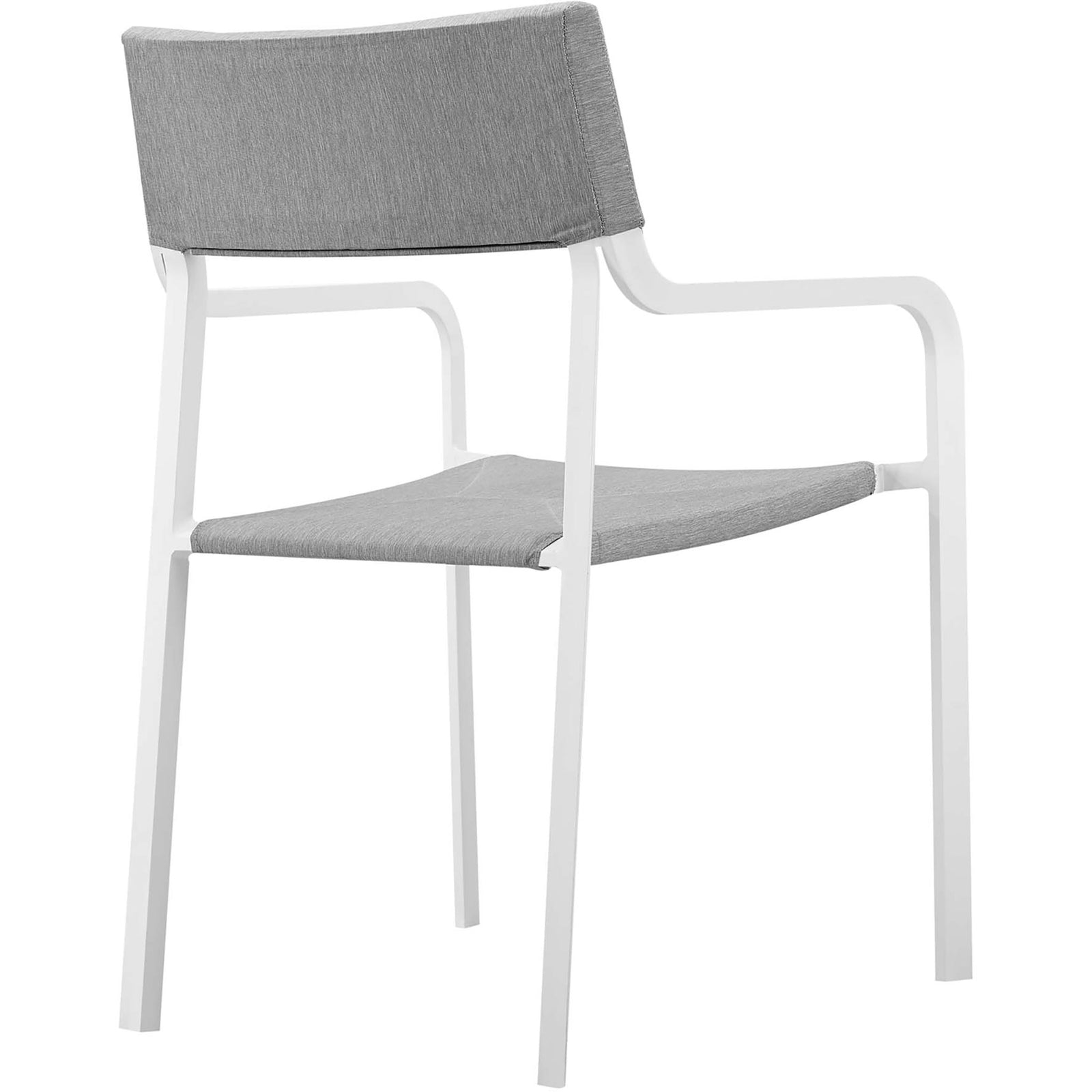 White frame patio chair with gray fabric panels, gently tapered legs, and crisp modern lines || EEI-3573-WHI-GRY || back_angle_studio