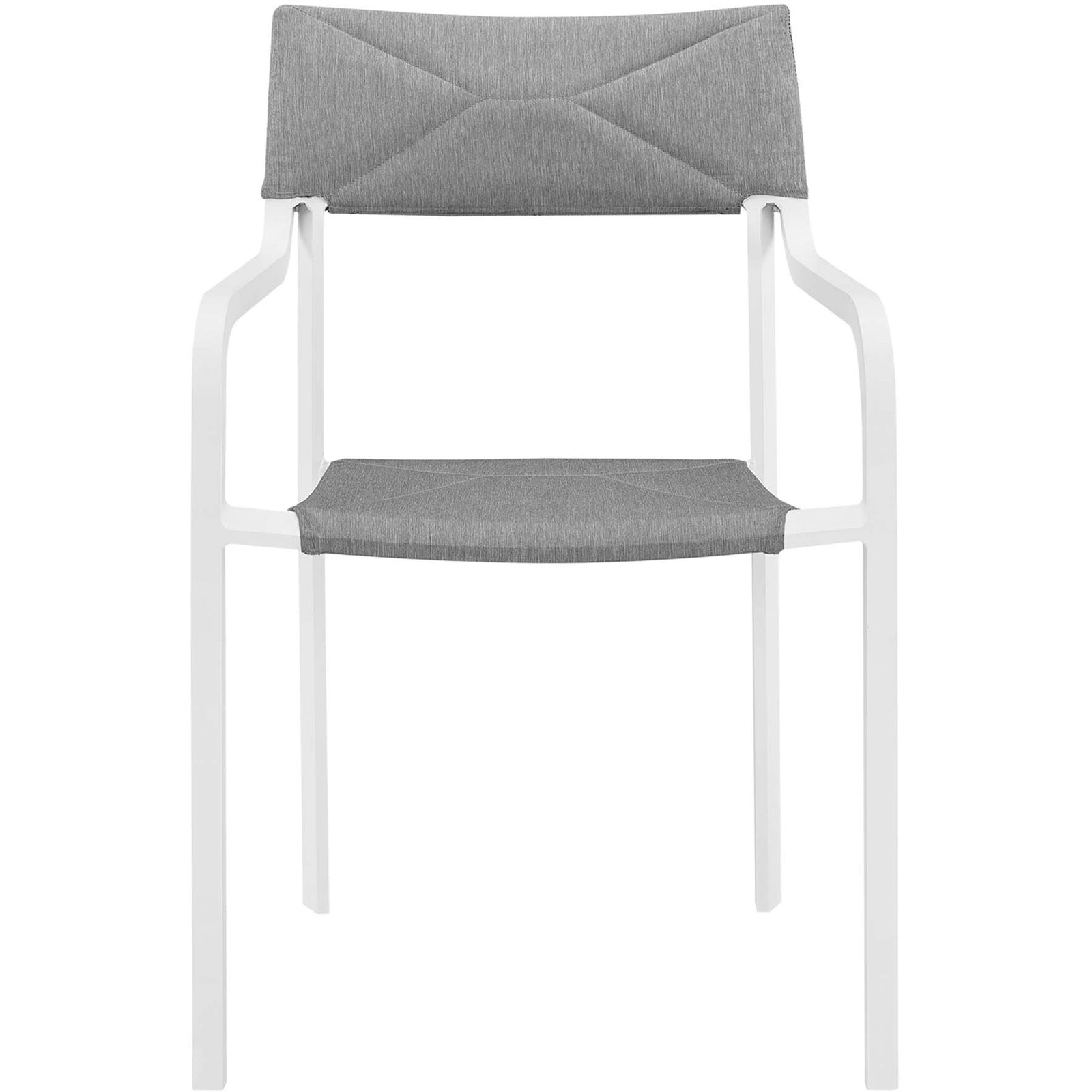 Modern white aluminum patio armchair with gray upholstered seat and supportive backrest || EEI-3573-WHI-GRY || front_studio