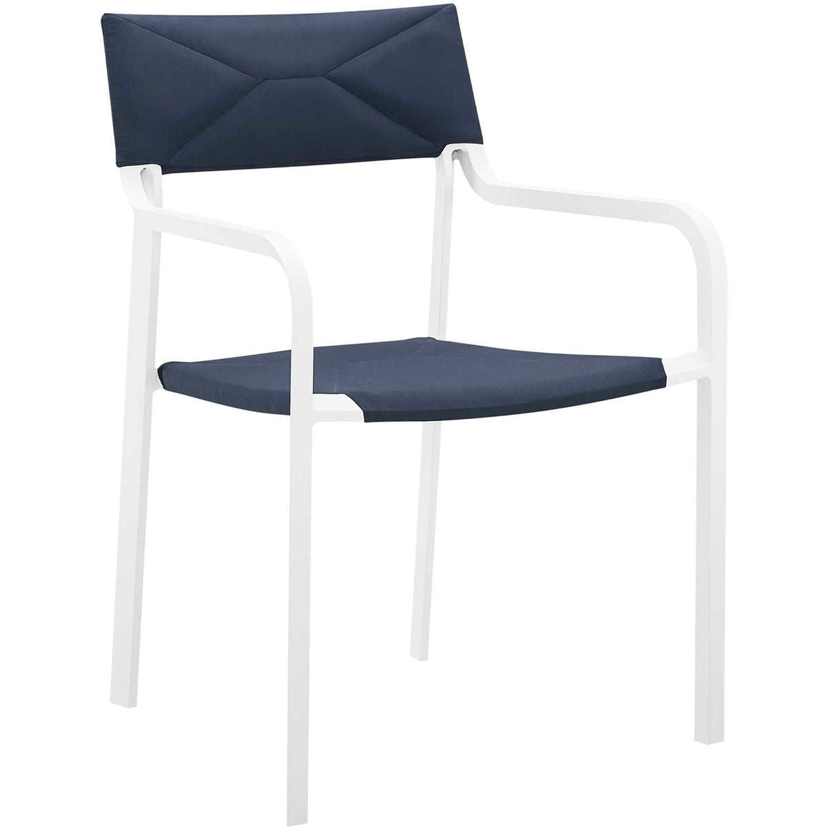 Sleek stackable outdoor dining chair with slim white frame and deep navy cushions || EEI-3573-WHI-NAV || front_angle_studio