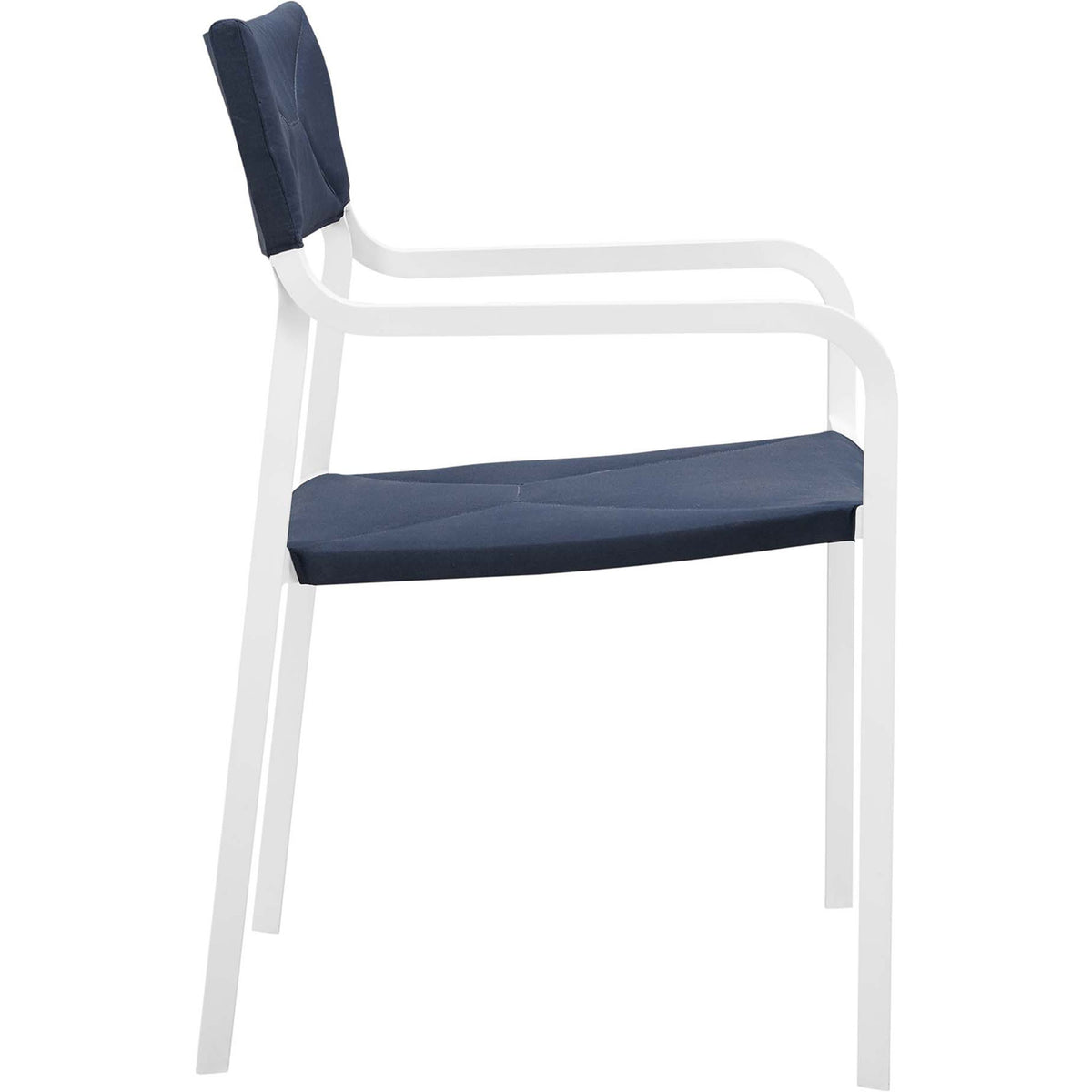 Raleigh patio armchair with curved arms, slim legs, and a taut navy sling seat || EEI-3573-WHI-NAV || side_studio