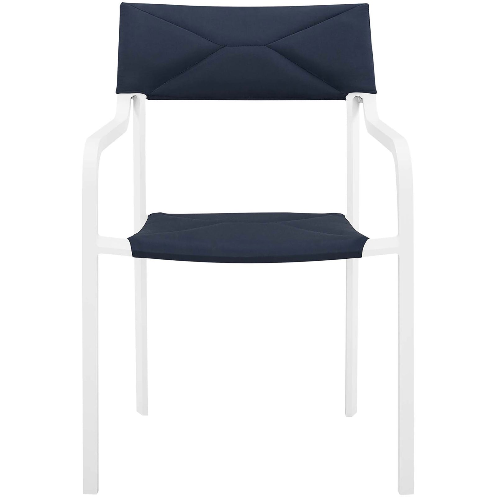 Modern white aluminum patio armchair with navy upholstered seat and geometric backrest || EEI-3573-WHI-NAV || front_studio