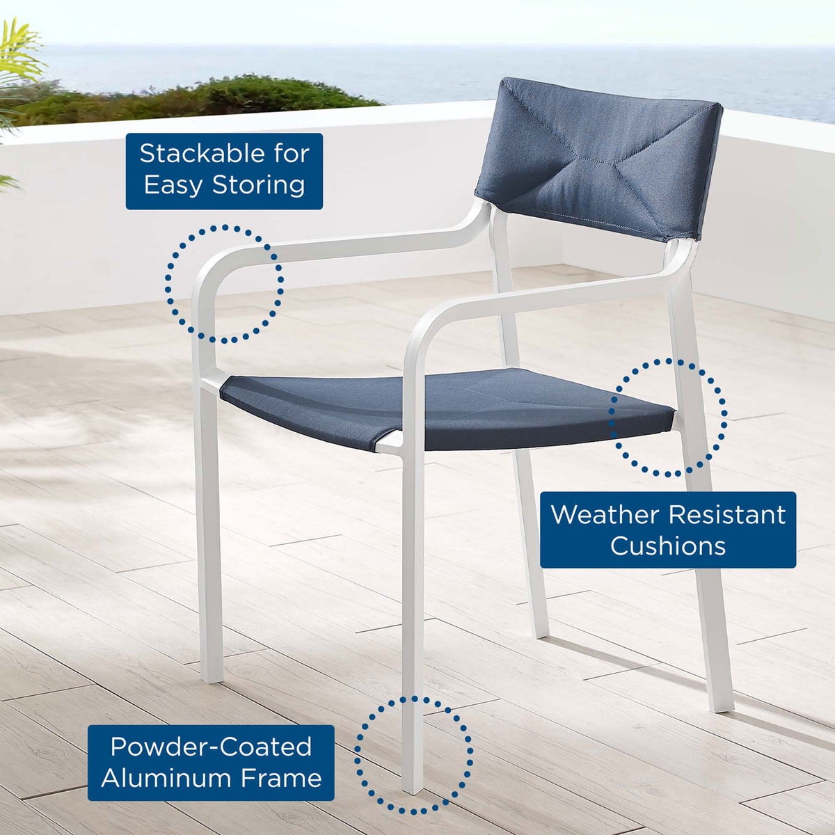 Raleigh stackable outdoor dining chair on a seaside patio with navy cushions and sturdy frame || EEI-3573-WHI-NAV || callout_room