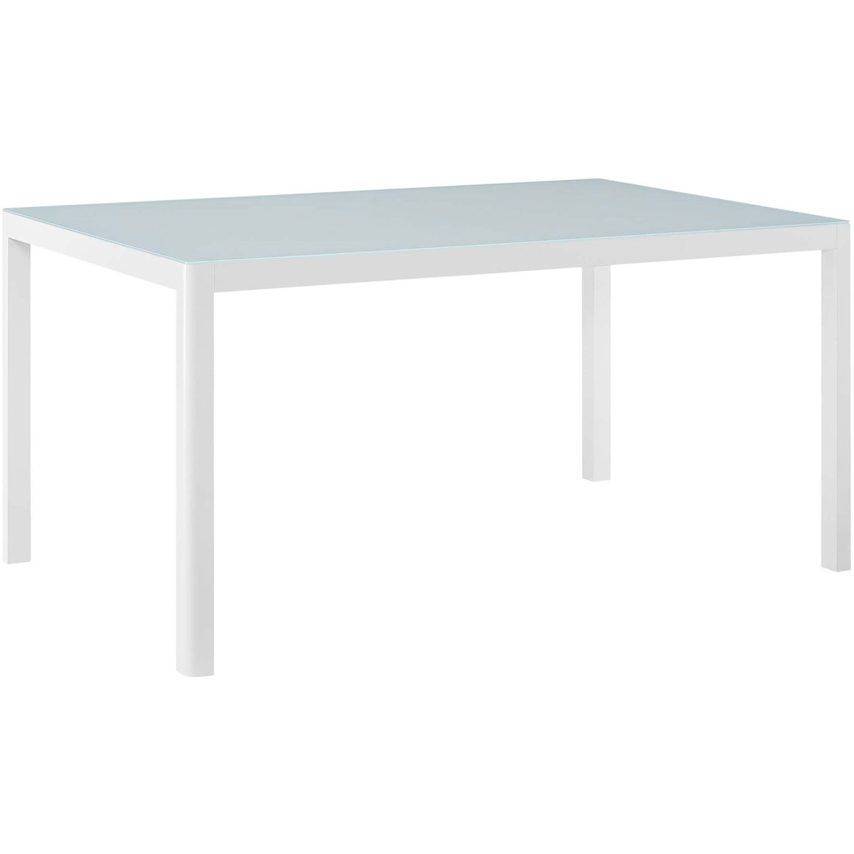 Sleek white outdoor dining table with frosted glass top and clean modern lines || EEI-3576-WHI || front_angle_studio
