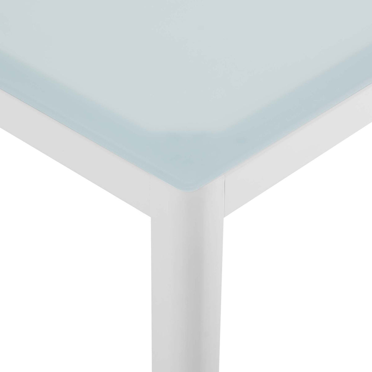 Table corner showing the sturdy white leg and smooth glass top edge for a refined finish || EEI-3576-WHI || leg_studio
