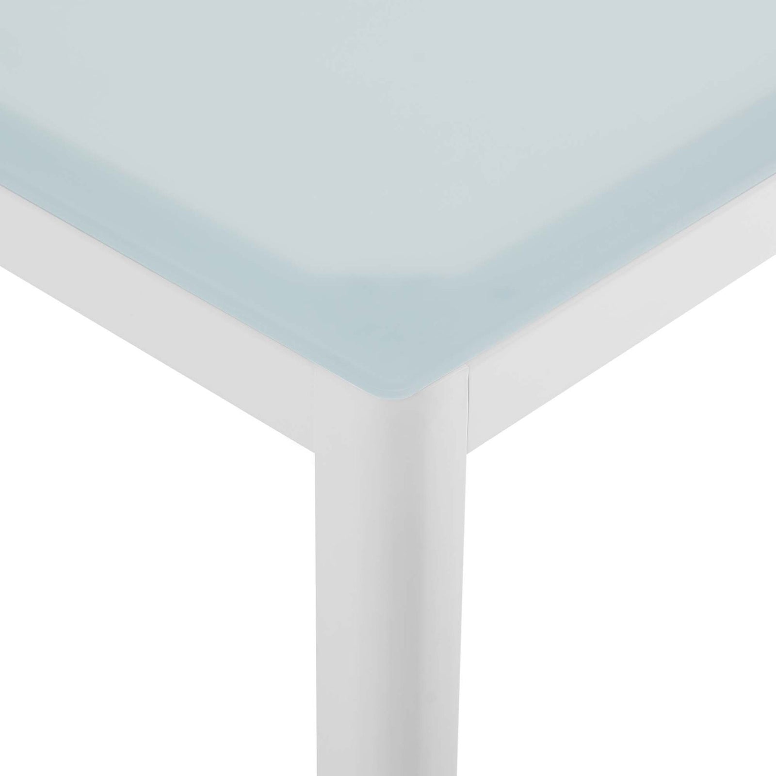 Table corner showing the sturdy white leg and smooth glass top edge for a refined finish || EEI-3576-WHI || leg_studio