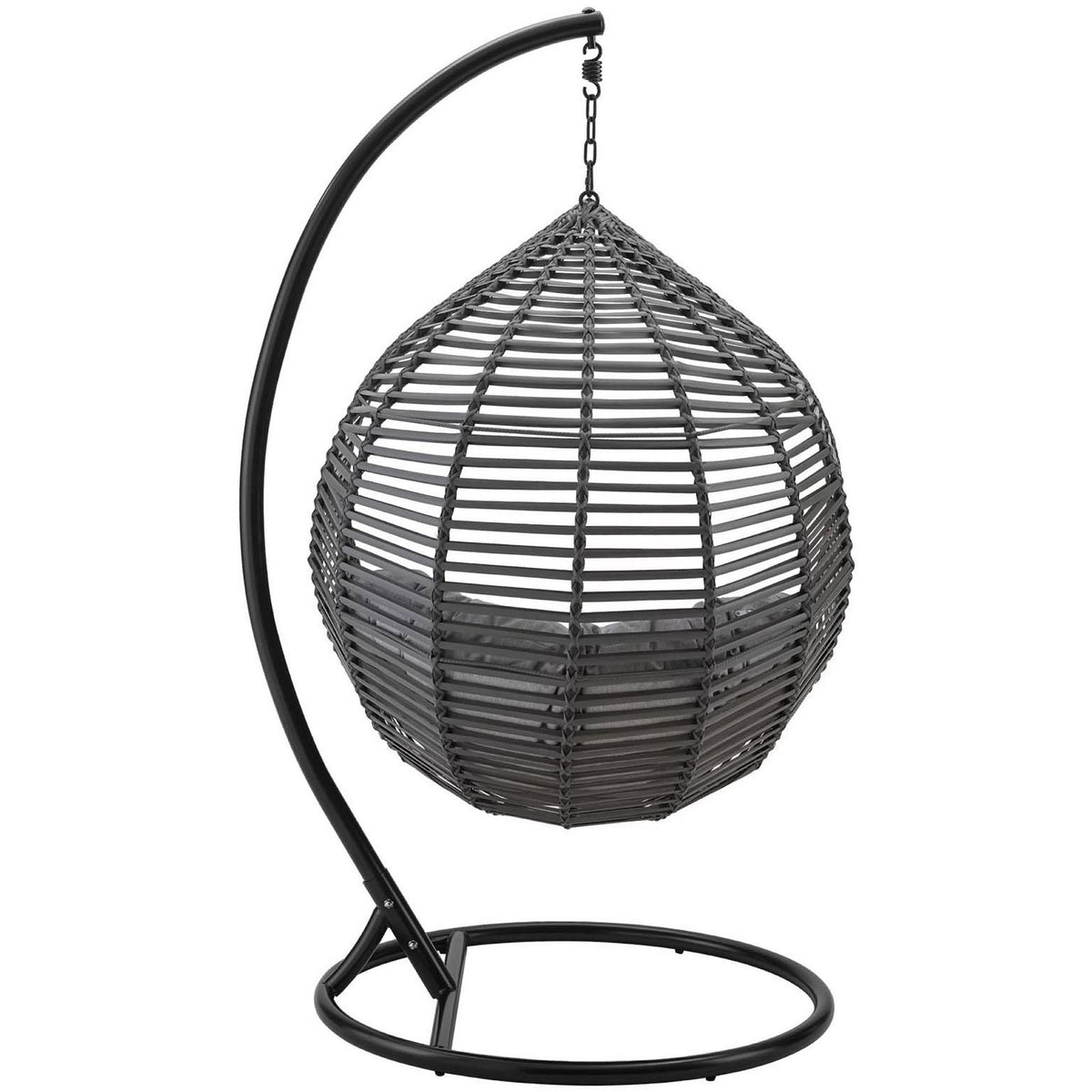 Gray wicker teardrop swing chair highlighting the sculpted rattan shell and curved steel support base. || EEI-3614-GRY-GRY || back_angle_studio