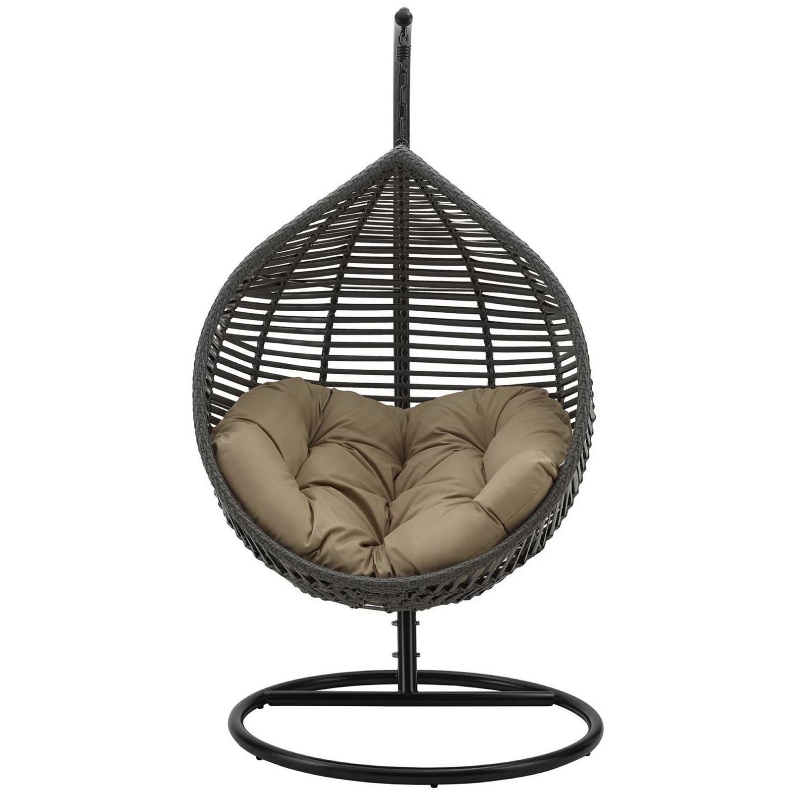 Teardrop wicker swing chair with mocha cushion and circular base inviting a cozy lounge escape. || EEI-3614-GRY-MOC || front_studio