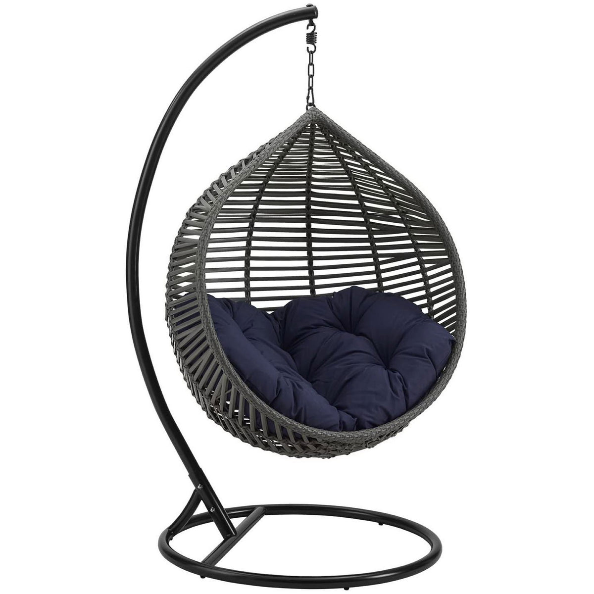 Modern patio swing chair with plush navy cushion and sleek gray wicker teardrop seat on a steel stand. || EEI-3614-GRY-NAV || front_angle_studio