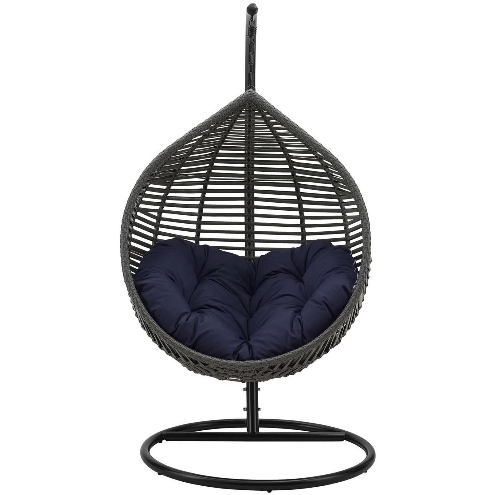 Teardrop wicker swing chair with deep navy cushion and circular base for relaxing indoor or outdoor seating. || EEI-3614-GRY-NAV || front_studio