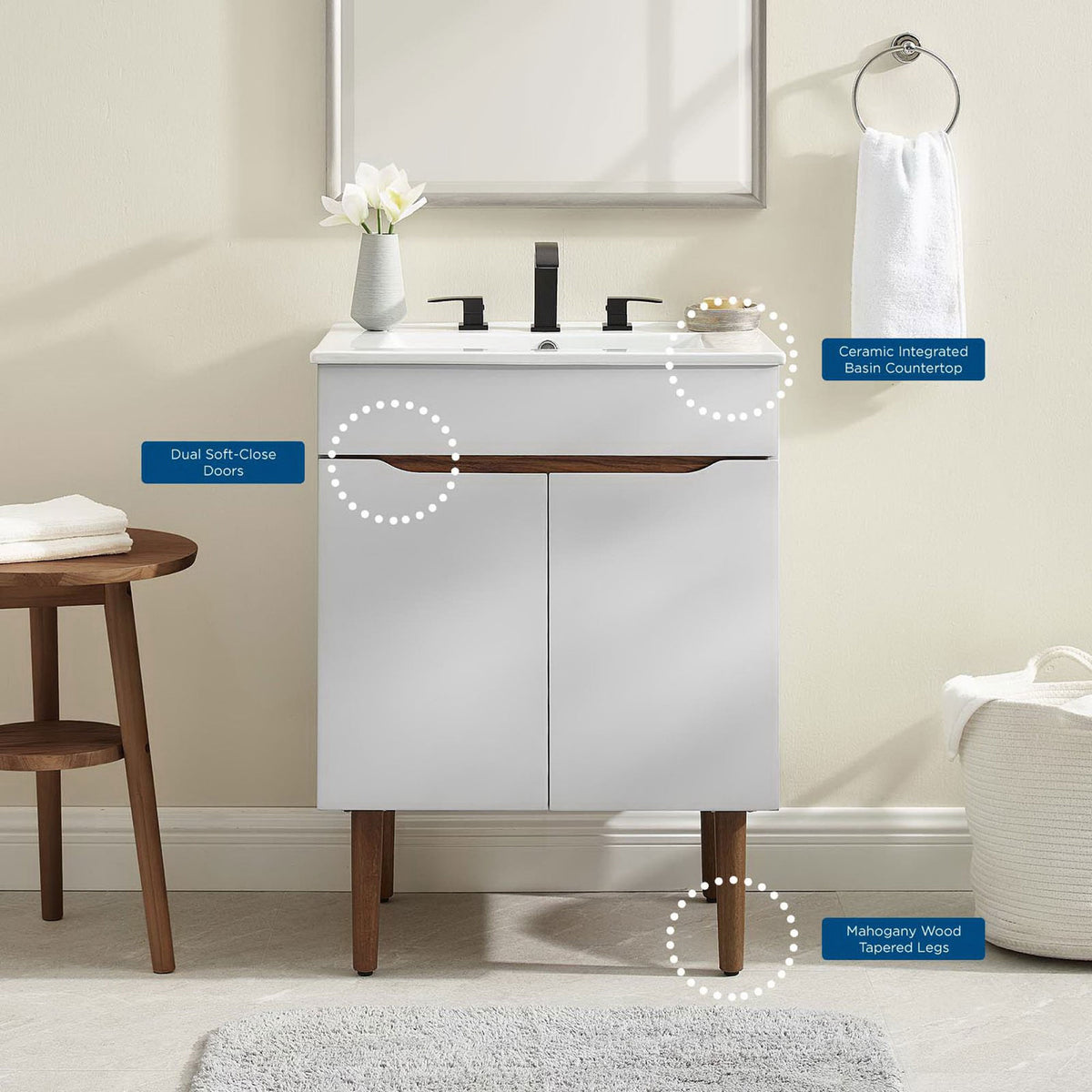 Feature callouts highlight the ceramic integrated basin, dual soft-close doors, and tapered wood legs || EEI-3633-GRY-WHI || callout_room
