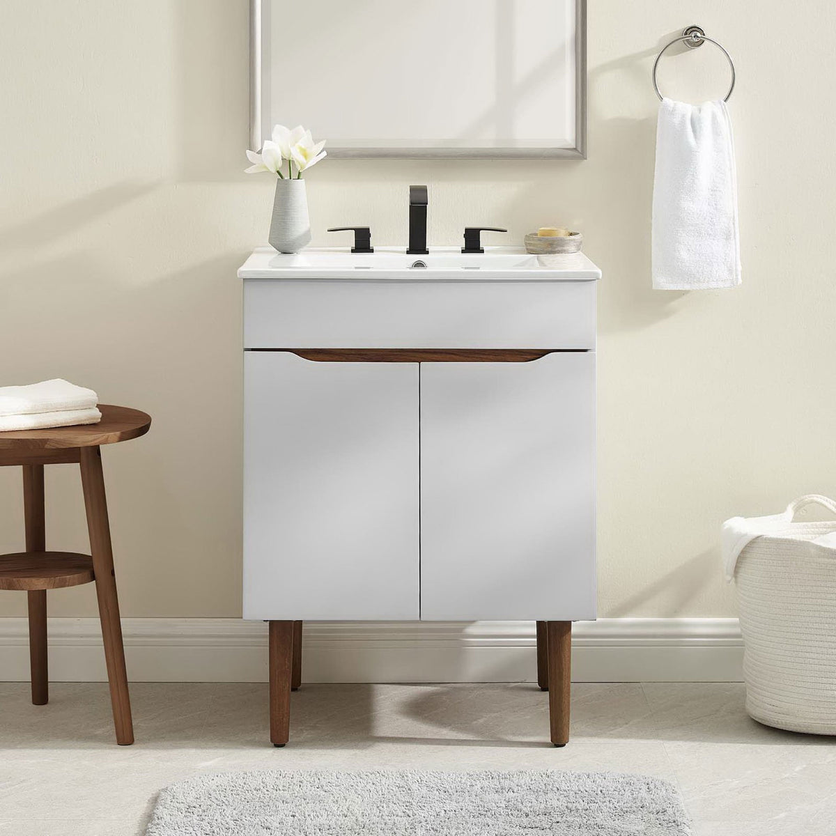 Styled room scene showcases the vanity's clean lines and versatile, space-saving design || EEI-3633-GRY-WHI || front_room