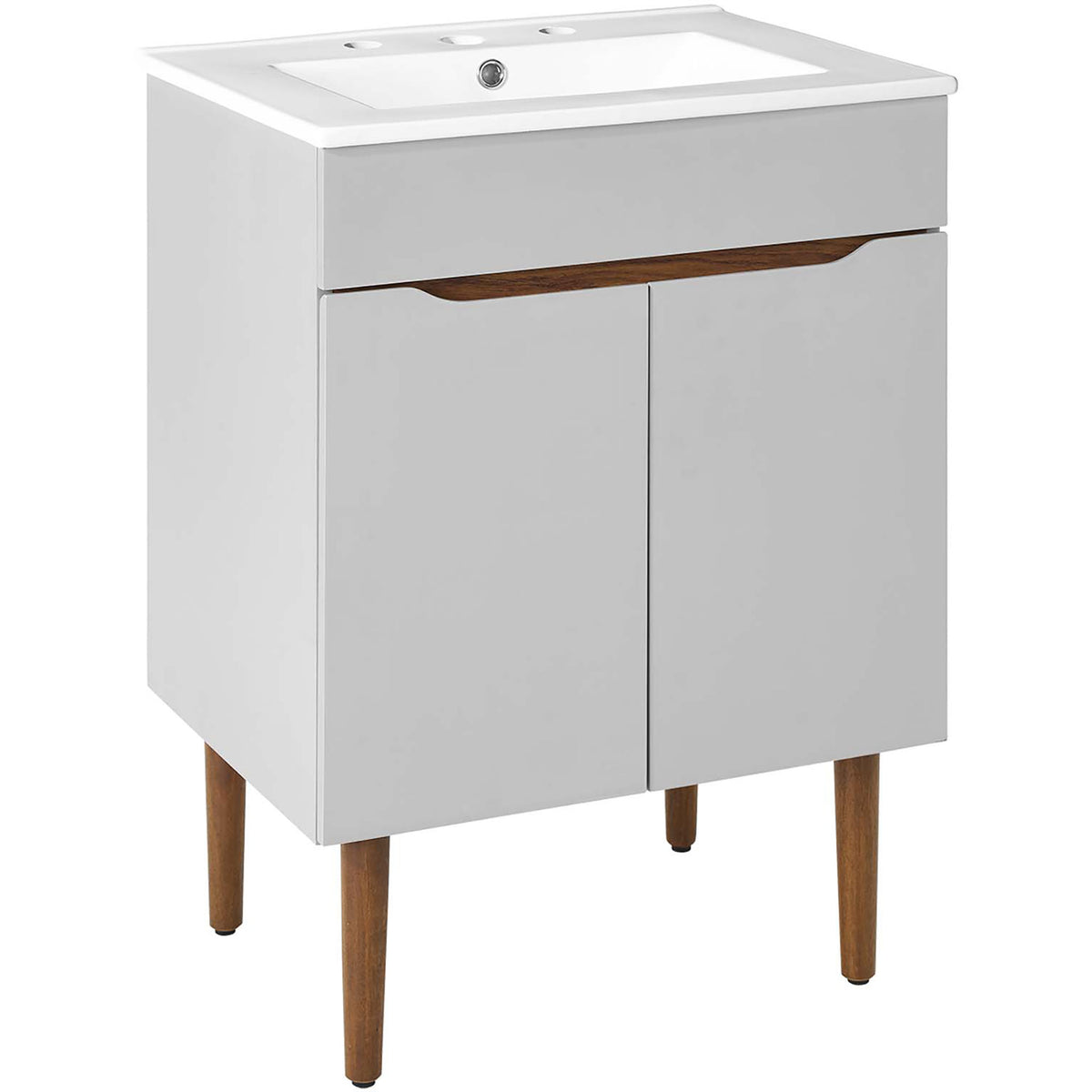 Sleek gray vanity with integrated ceramic sink and warm wood accents for a clean mid-century look || EEI-3633-GRY-WHI || front_angle_studio