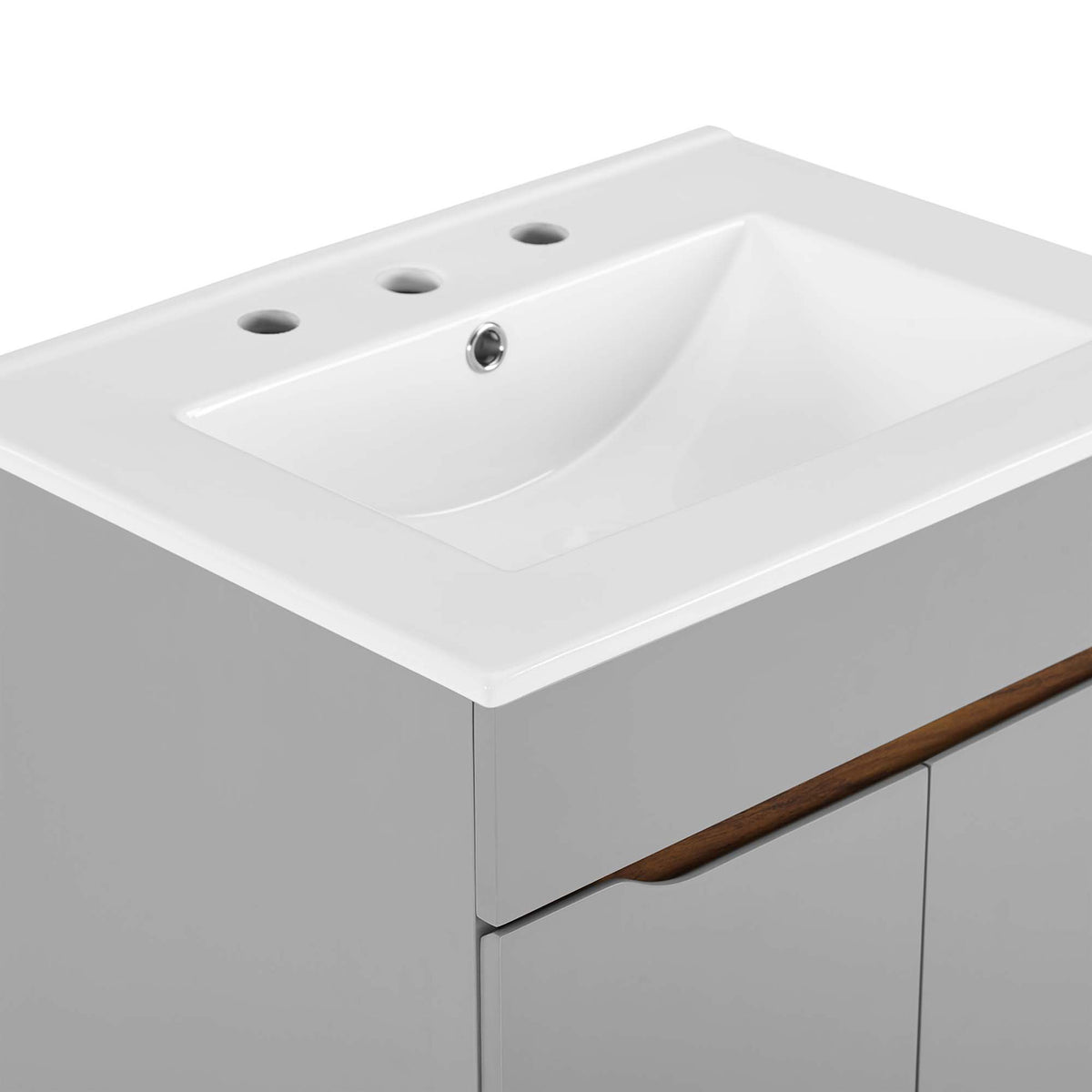 Integrated ceramic basin with three faucet holes and crisp edges for a refined, easy-clean surface || EEI-3633-GRY-WHI || detail_studio