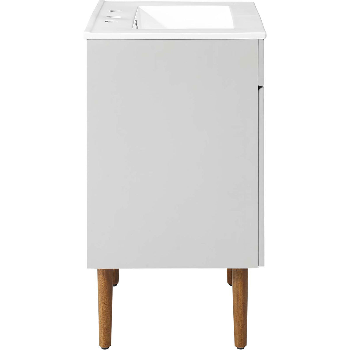 Streamlined vanity profile highlights the smooth matte gray finish and tapered wood legs || EEI-3633-GRY-WHI || side_studio