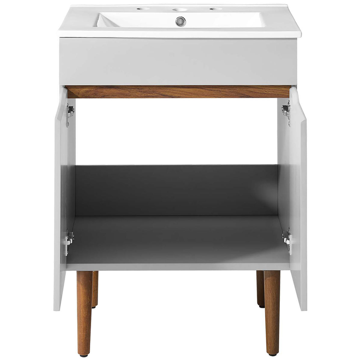 Open double doors reveal spacious storage with adjustable shelf for organized bathroom essentials || EEI-3633-GRY-WHI || front_open_studio