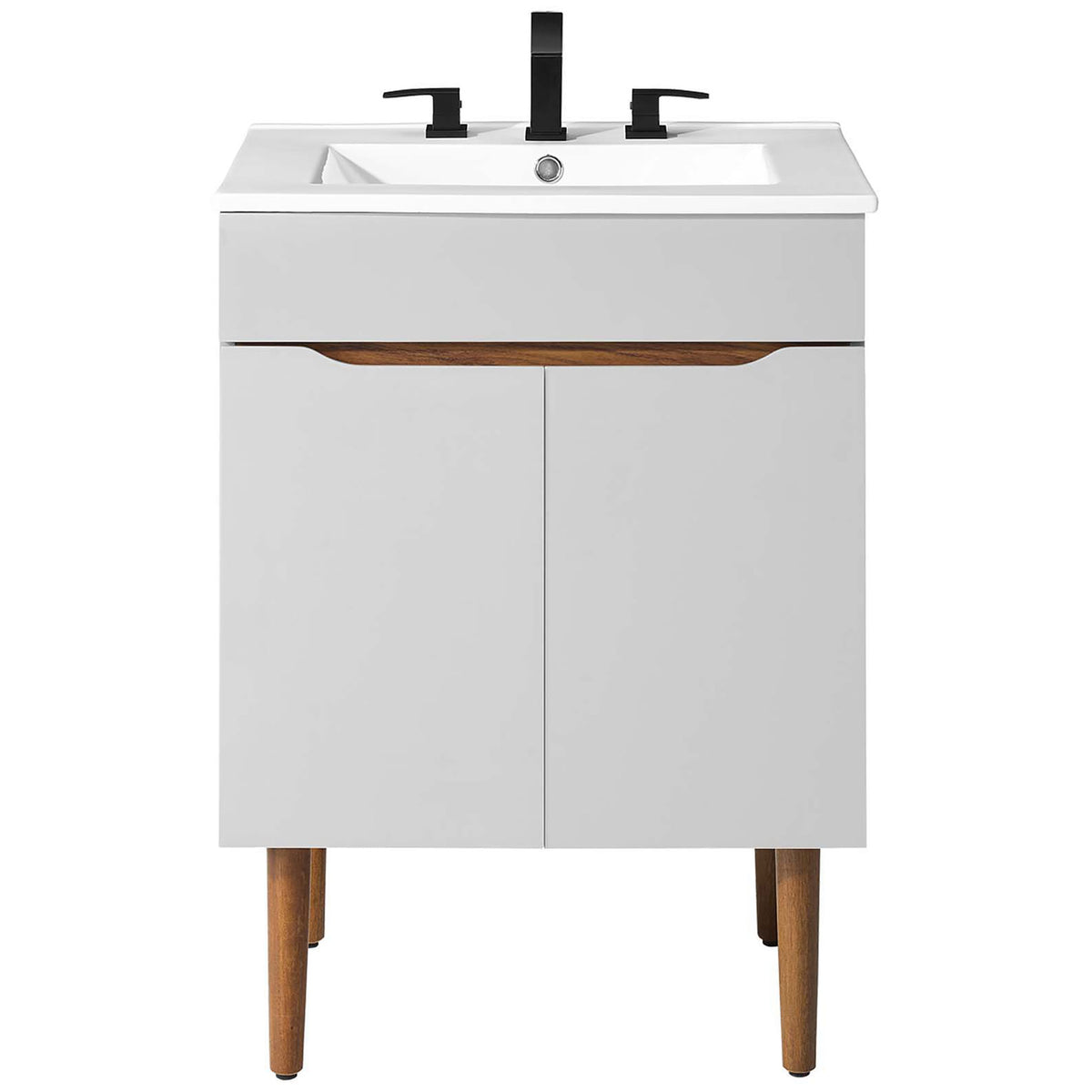 Modern vanity pairs a white integrated sink with gray cabinetry and mahogany-tone tapered legs || EEI-3633-GRY-WHI || front_studio