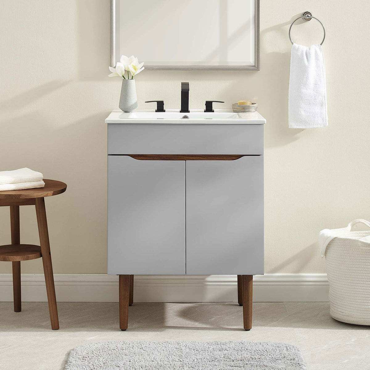Lifestyle view shows the compact vanity styling beautifully in a modern bathroom setting || EEI-3633-GRY-WHI || front_room