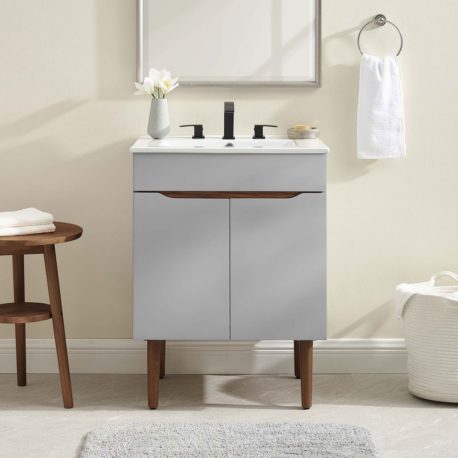 Lifestyle view shows the compact vanity styling beautifully in a modern bathroom setting || EEI-3633-GRY-WHI || front_room