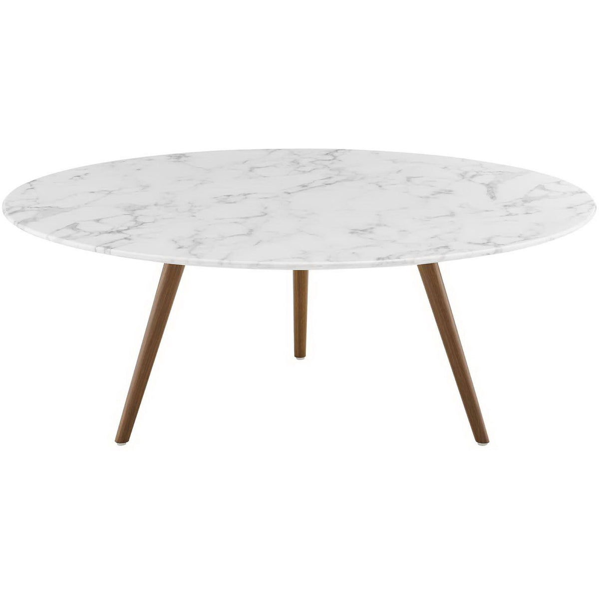 Round faux marble coffee table with tapered walnut-stained tripod legs || EEI-3668-WAL-WHI || front_studio