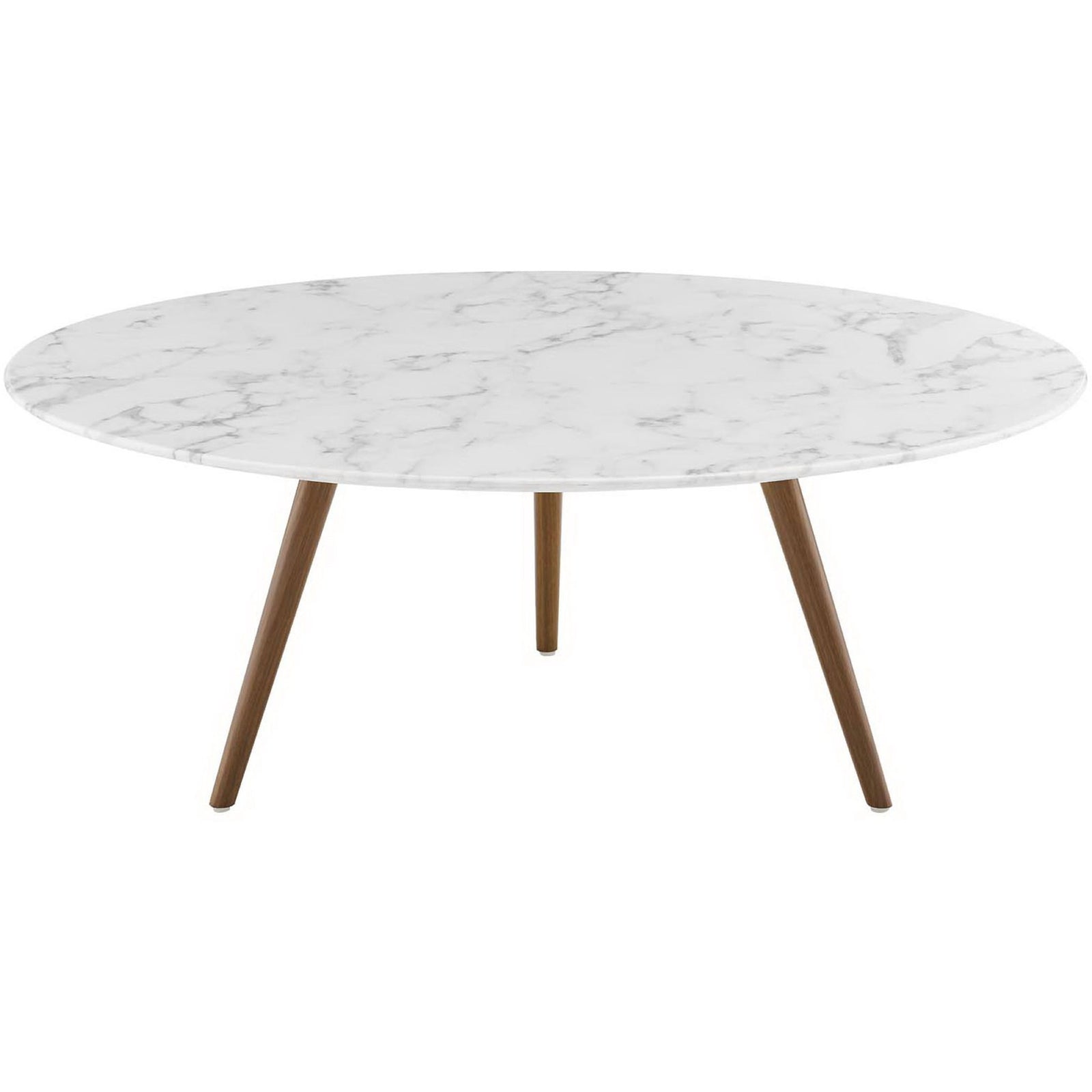 Round faux marble coffee table with tapered walnut-stained tripod legs || EEI-3668-WAL-WHI || front_studio