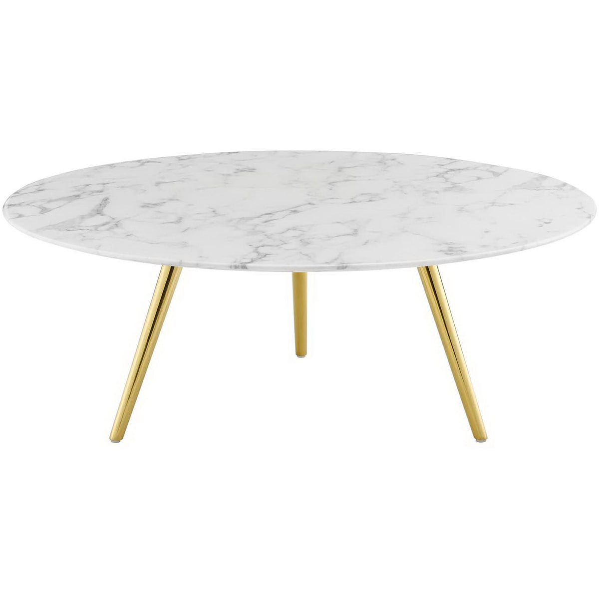 Round faux marble coffee table with sleek gold tripod base and minimalist silhouette || EEI-3672-GLD-WHI || front_studio