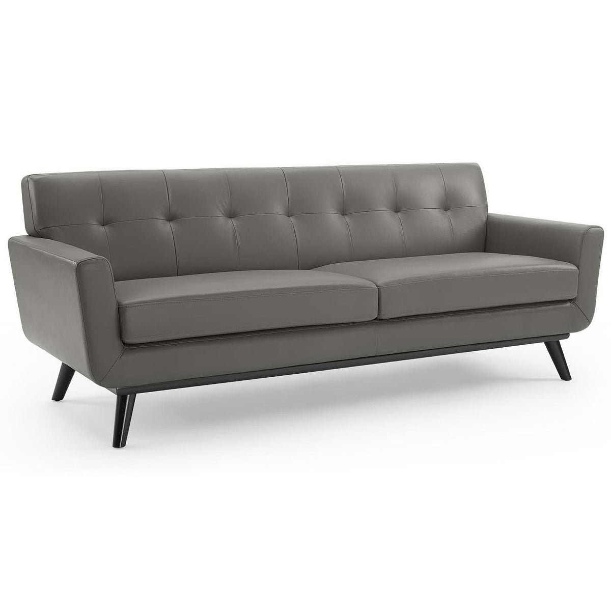 Mid-century gray leather sofa featuring button tufting, tapered wood legs, and gently flared armrests || EEI-3733-GRY || front_angle_studio