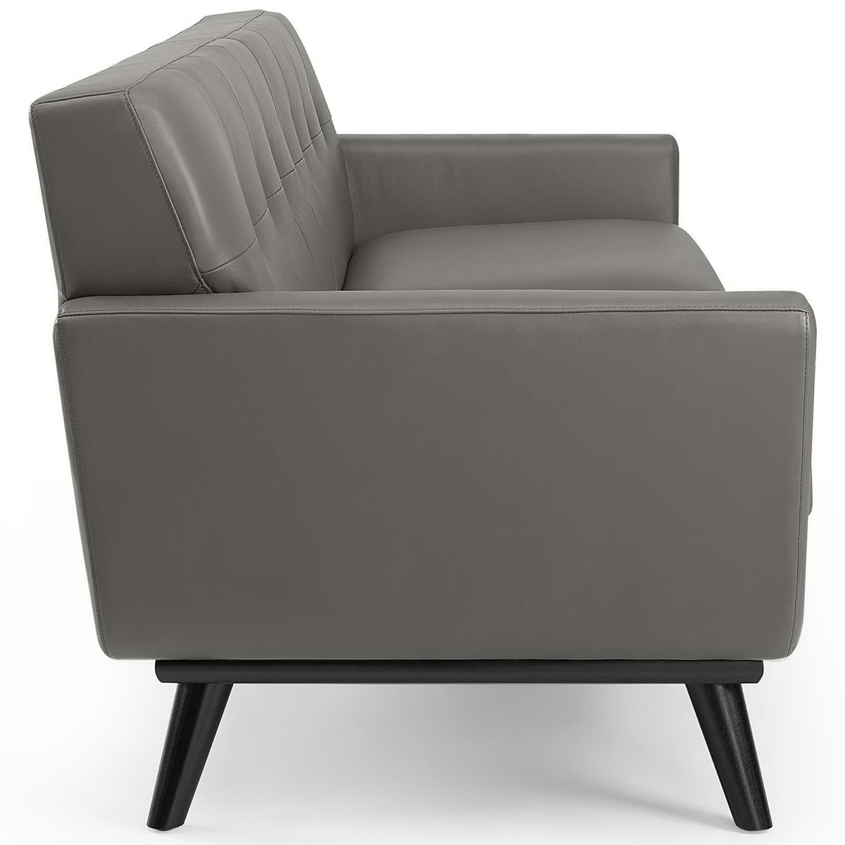 Gray leather sofa with slim sloped arms, long smooth seat cushions, and sturdy tapered legs || EEI-3733-GRY || side_studio