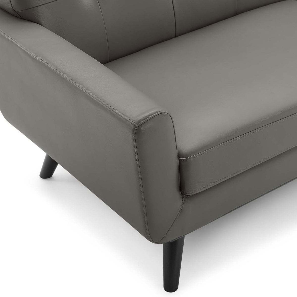 Arm, seat, and leg of the gray leather sofa highlighting neat stitching and smooth leather upholstery || EEI-3733-GRY || detail_studio