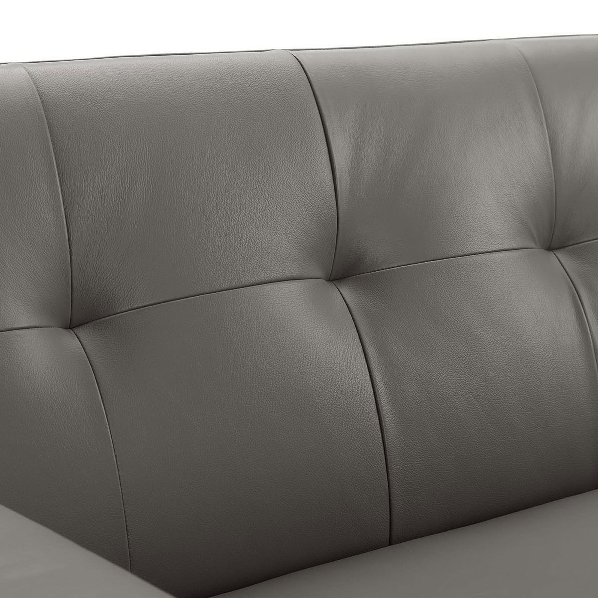Tufted gray leather back cushions displaying soft padding and subtle natural grain texture || EEI-3733-GRY || detail_studio