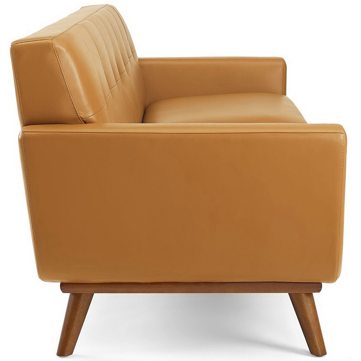 Tan leather sofa with gently sloped armrests and slim seat cushions on tapered wood legs || EEI-3733-TAN || side_studio