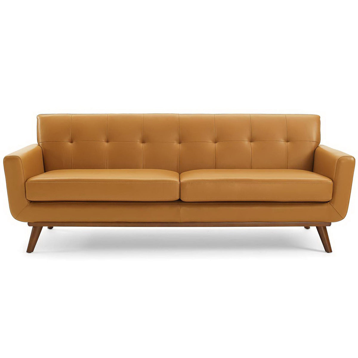 Tan top-grain leather sofa with tufted back and mid-century splayed wood legs || EEI-3733-TAN || front_studio