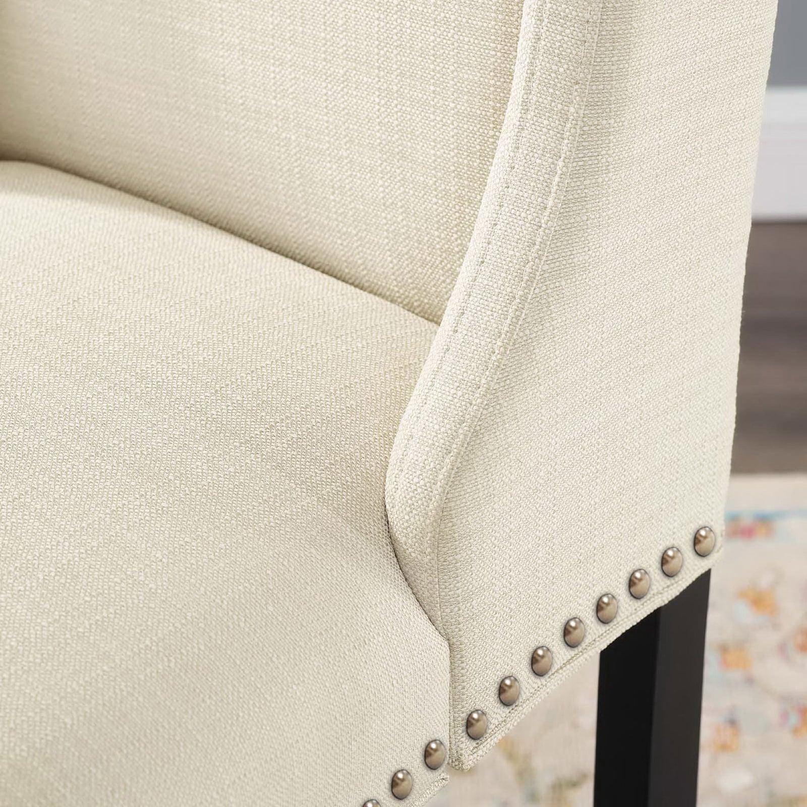 Textured beige fabric and nailhead trim highlight the stool's classic, tailored character || EEI-3735-BEI || detail_room