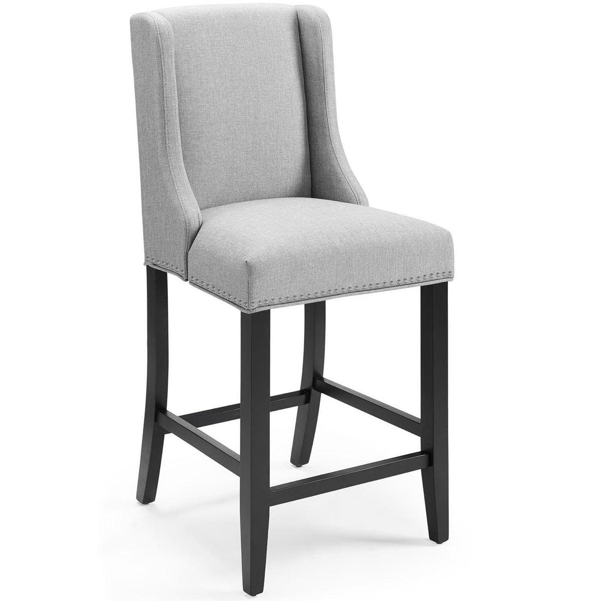 Light gray upholstered counter stool with a graceful wingback and nailhead trim on tapered legs. || EEI-3735-LGR || front_angle_studio