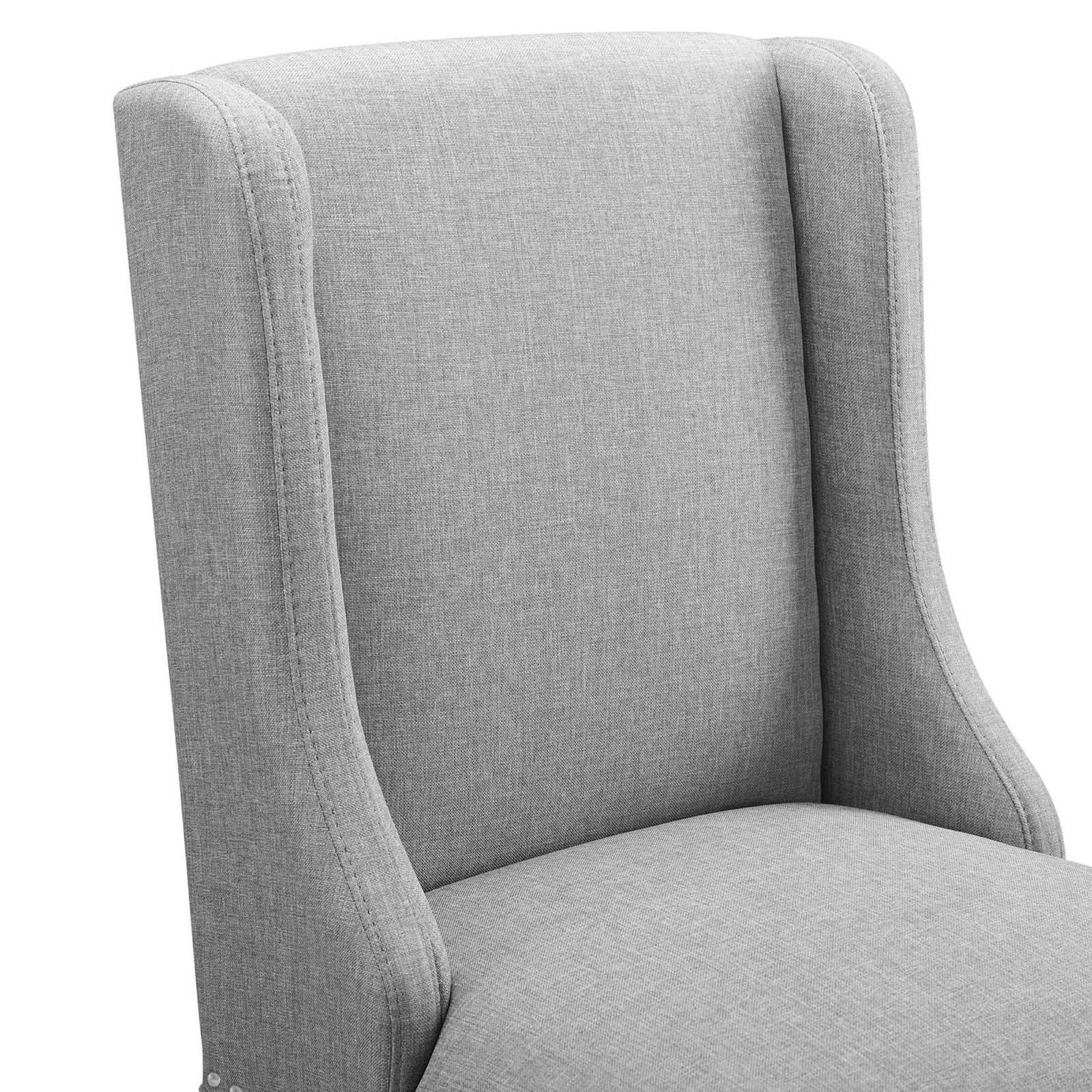 Softly curved wingback and tailored stitching in light gray fabric. || EEI-3735-LGR || detail_studio