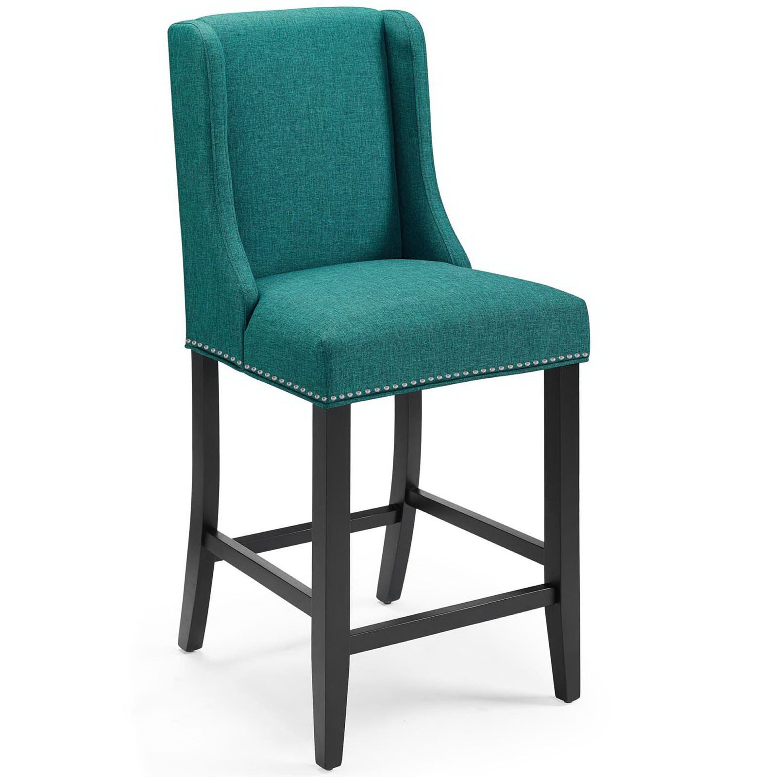 Plush teal fabric seat and back on a sturdy counter-height frame with nailhead accents and tapered legs || EEI-3735-TEA || front_angle_studio