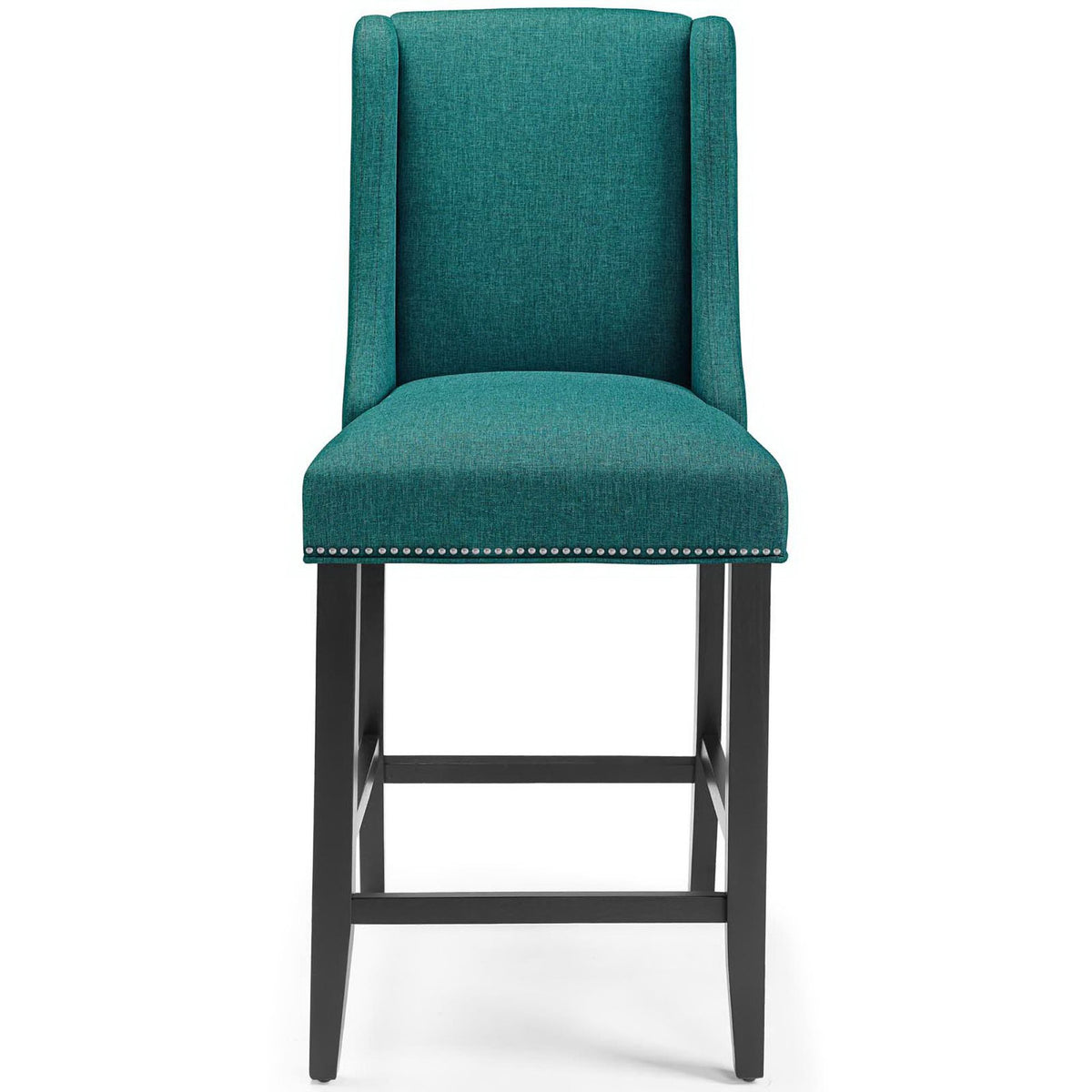 Teal upholstered counter stool with wingback silhouette, nailhead trim, and black wood legs with footrest || EEI-3735-TEA || front_studio