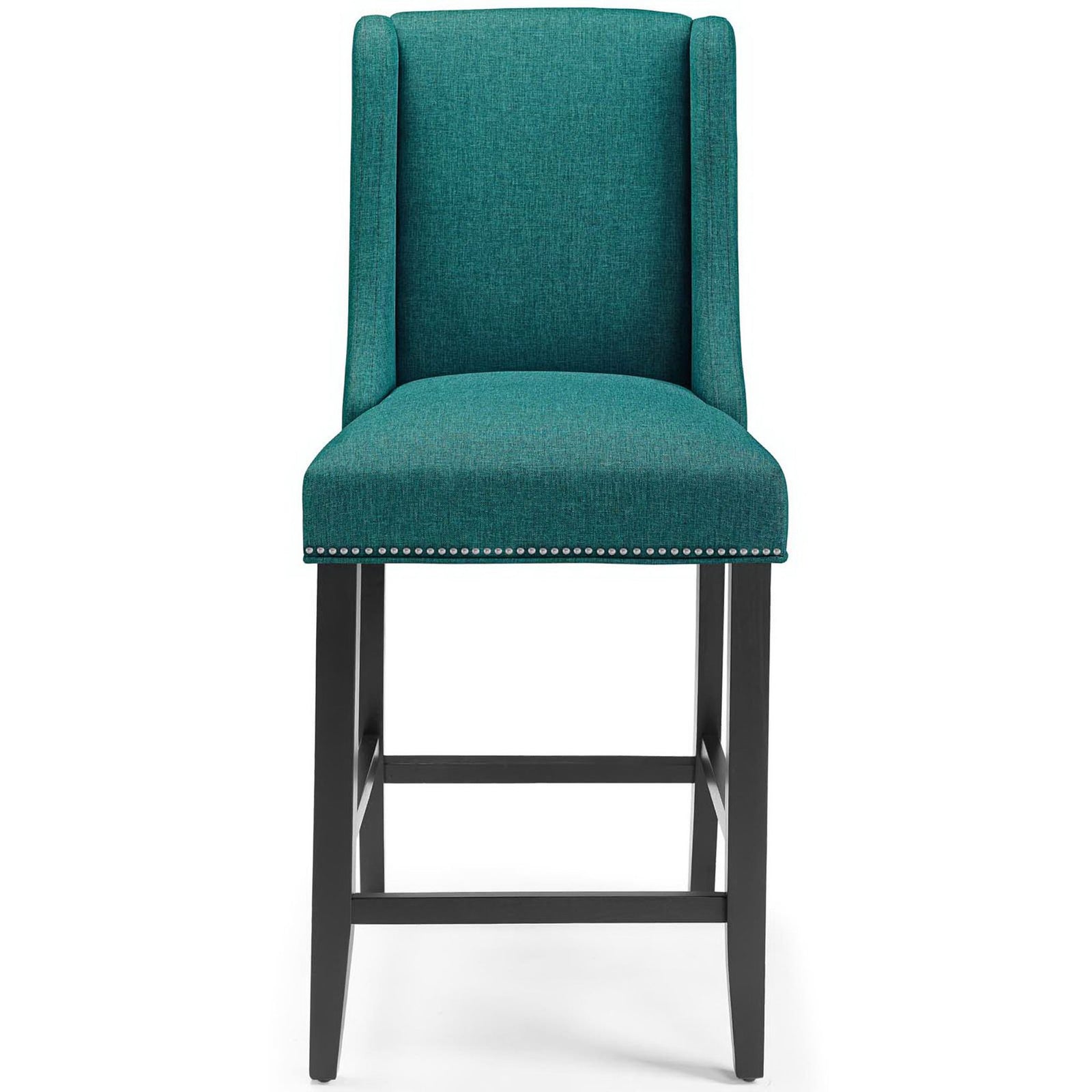 Teal upholstered counter stool with wingback silhouette, nailhead trim, and black wood legs with footrest || EEI-3735-TEA || front_studio