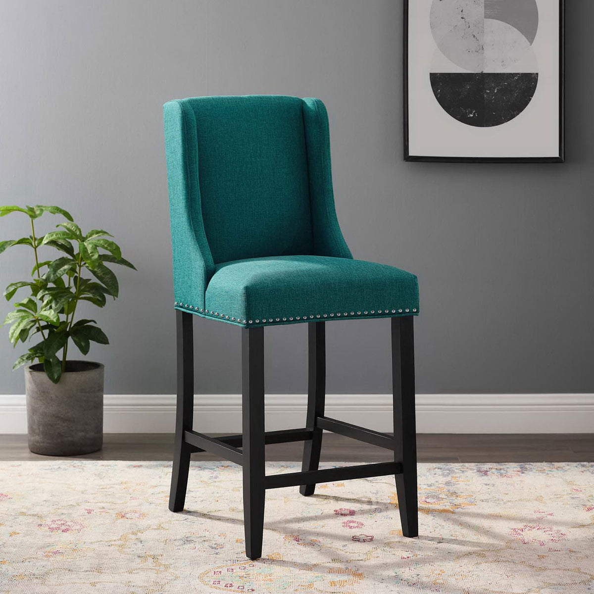 Teal counter stool elevates the space with nailhead trim and dark wood legs with cross braces || EEI-3735-TEA || front_angle_room