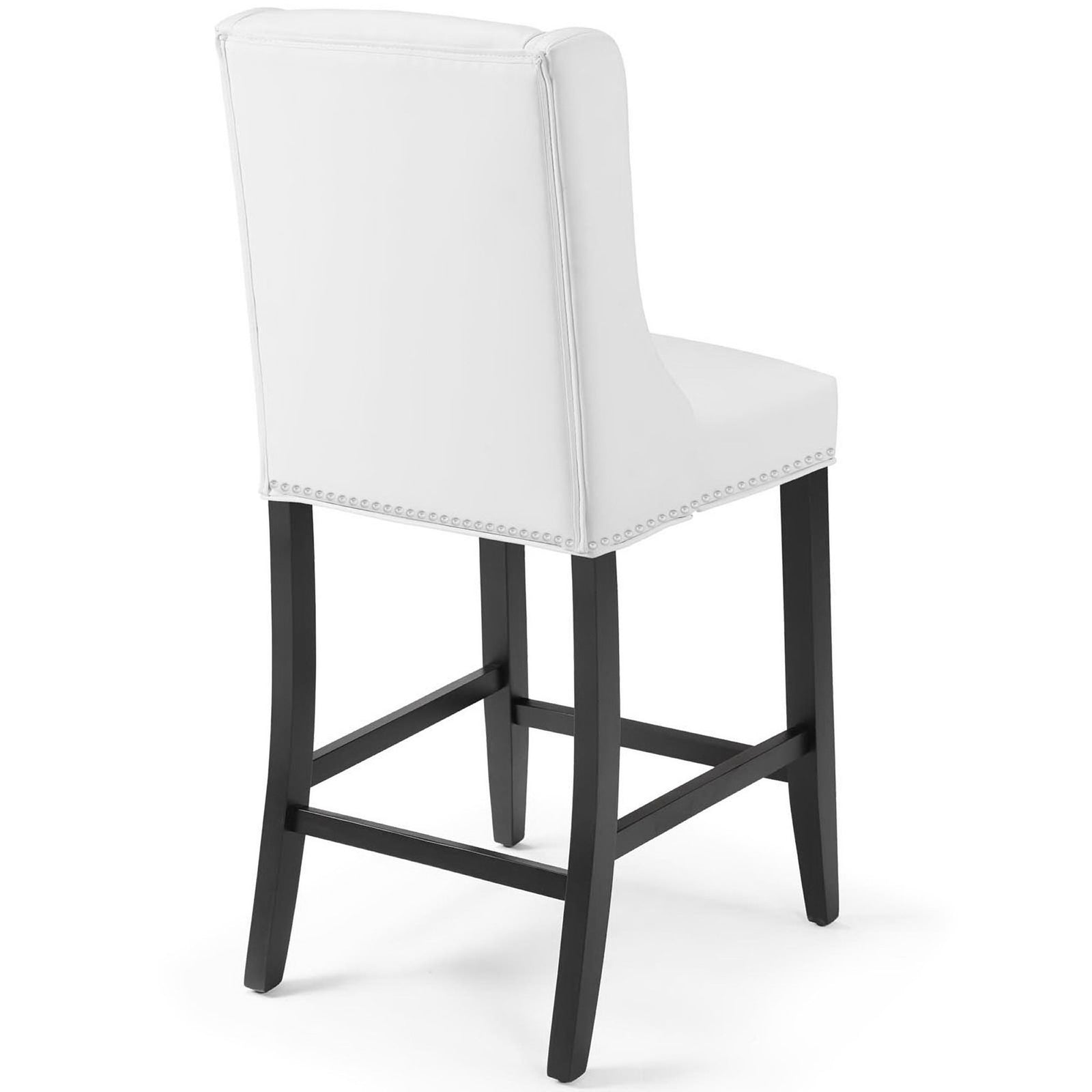 Elegant winged back with neat stitching and nailhead accents, set on dark wood || EEI-3736-WHI || back_angle_studio