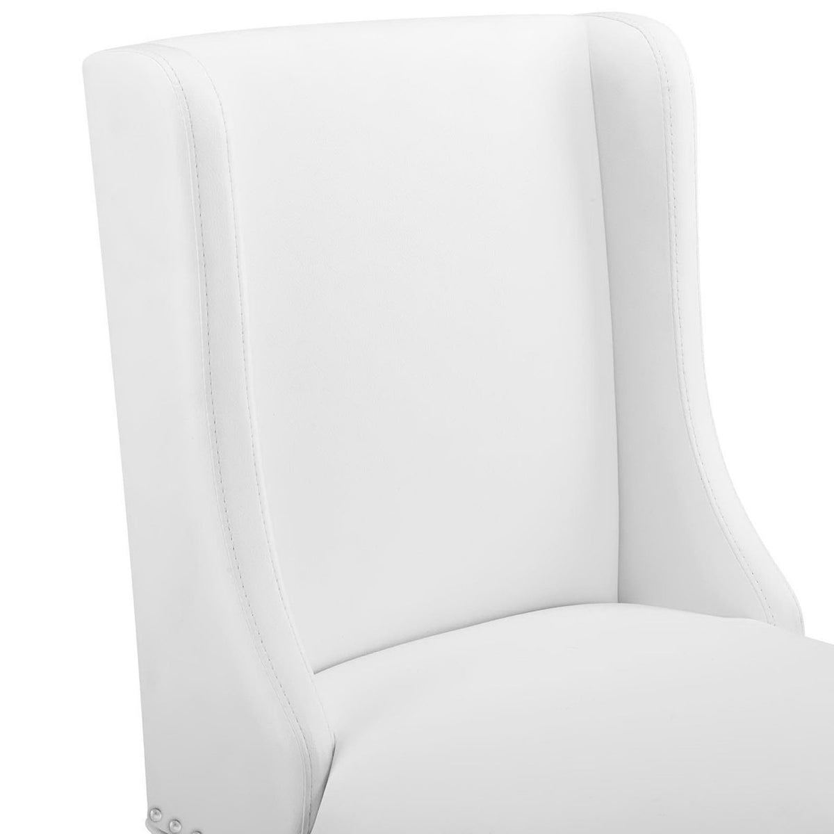 Smooth white faux leather upholstery with tailored seams and a gently curved back || EEI-3736-WHI || detail_studio